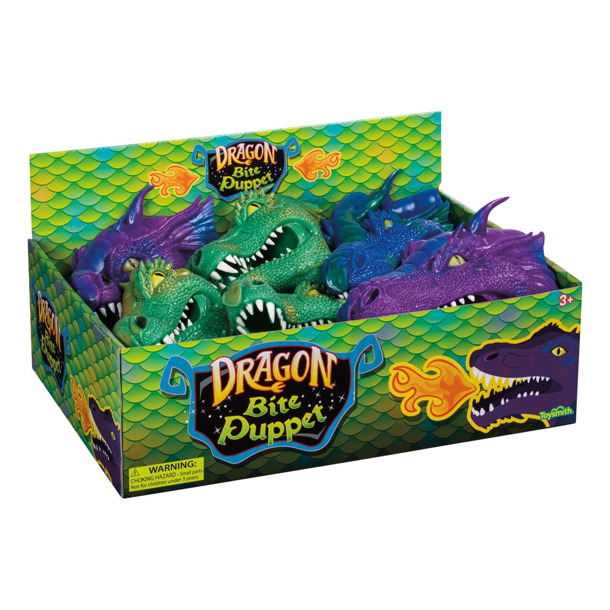 The Toysmith Dragon Bite Puppet box features colorful purple and green dragon head fidget puppets with open mouths, set against a green scaled background accented by fire and claw designs. Brand: Toysmith.