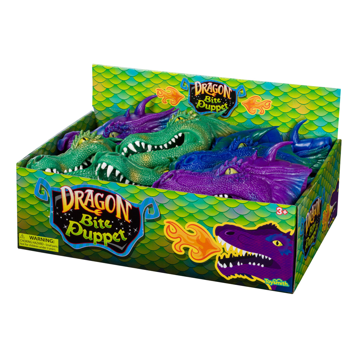 The Toysmith Dragon Bite Puppet by Toysmith comes in a vibrant box with dragon scales and flames, holding green, purple, and blue dragon head hand puppets with sharp teeth and textured skin—ideal as a playful fidget toy.