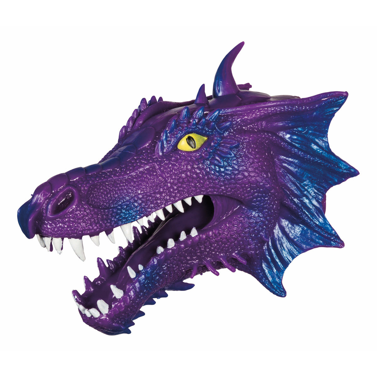 The Toysmith Dragon Bite Puppet by Toysmith features a detailed purple design with blue accents, yellow eyes, sharp white teeth, textured scales, and an open mouth—perfect as a hand puppet for imaginative play.
