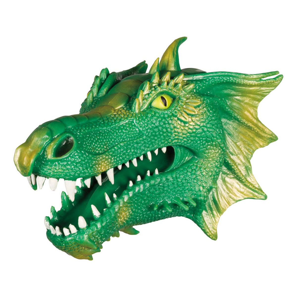 The Toysmith Dragon Bite Puppet by Toysmith features green and yellow scales, sharp white teeth, yellow eyes, and pointed horns—ideal as a hand puppet or unique fidget toy. Shown against a white background.