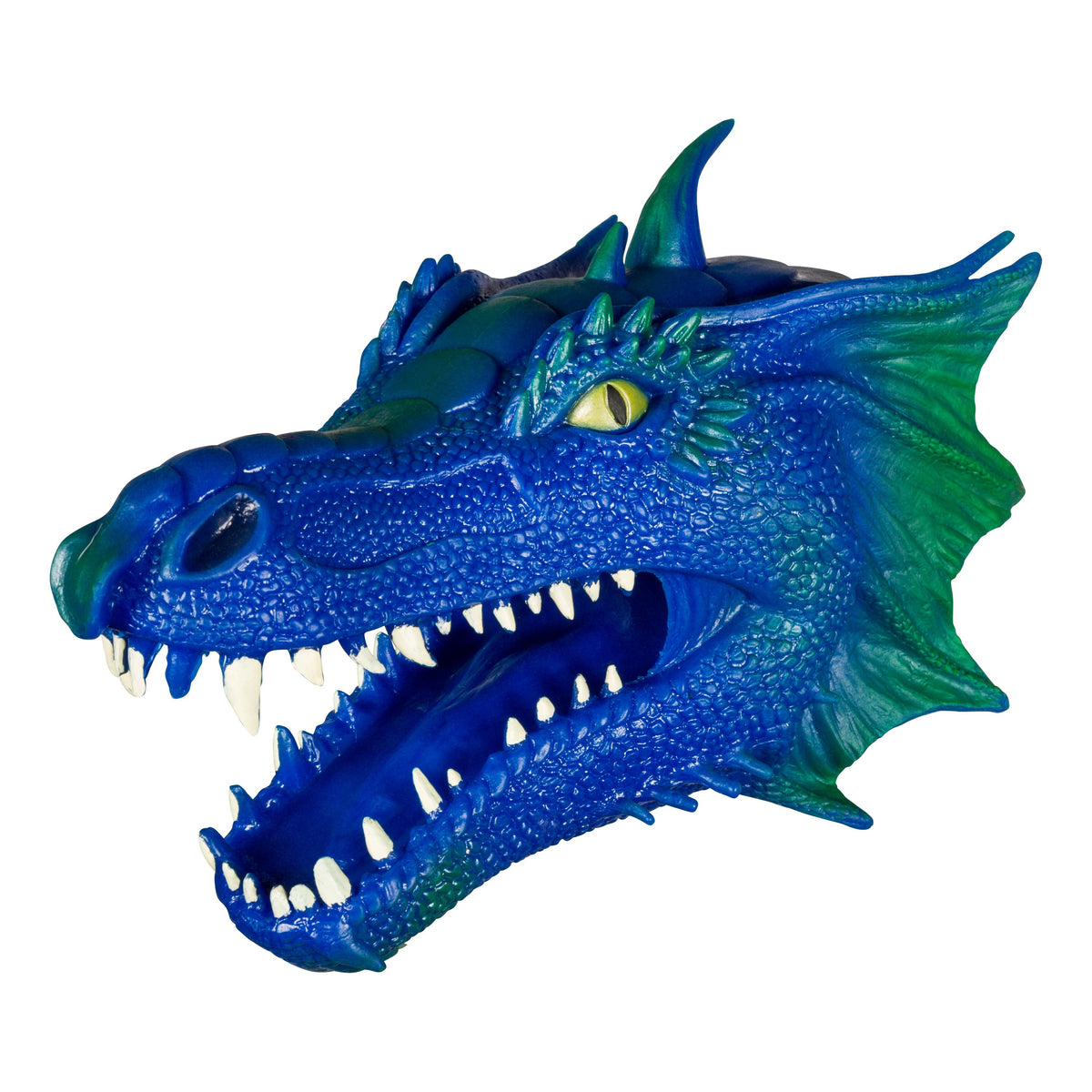 The Toysmith Dragon Bite Puppet by Toysmith features a detailed dragon head with blue and green scales, sharp white teeth, yellow eyes, two pointed horns, and an open mouth against a white background.