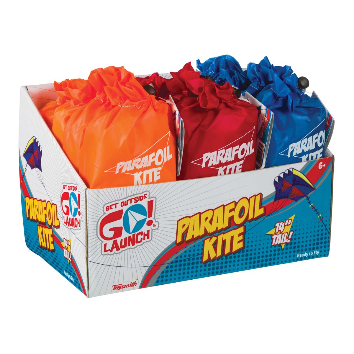 A display box holds multiple GO! Launch Parafoil Kite packages in orange, red, and blue. The box shows a kite graphic with “GO! Launch” and “PARAFOIL KITE 14’ TAIL,” offering easy-to-fly, colorful kites for outdoor fun.
