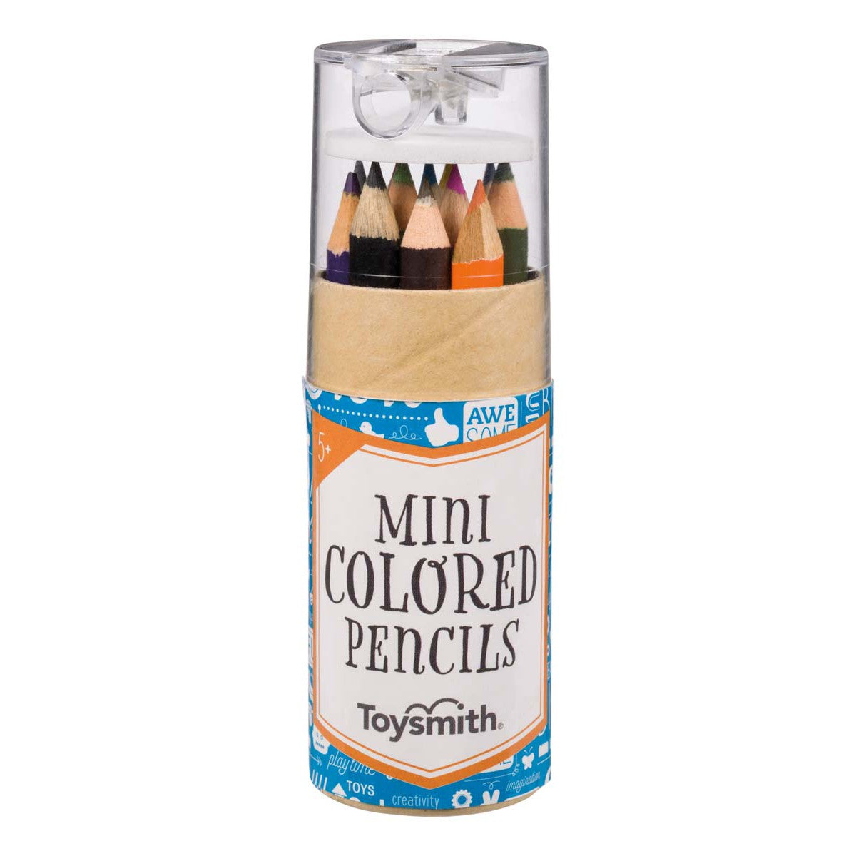 A clear plastic tube holds the Toysmith Mini Colored Pencils set, featuring a built-in sharpener on top and labeled Toysmith.