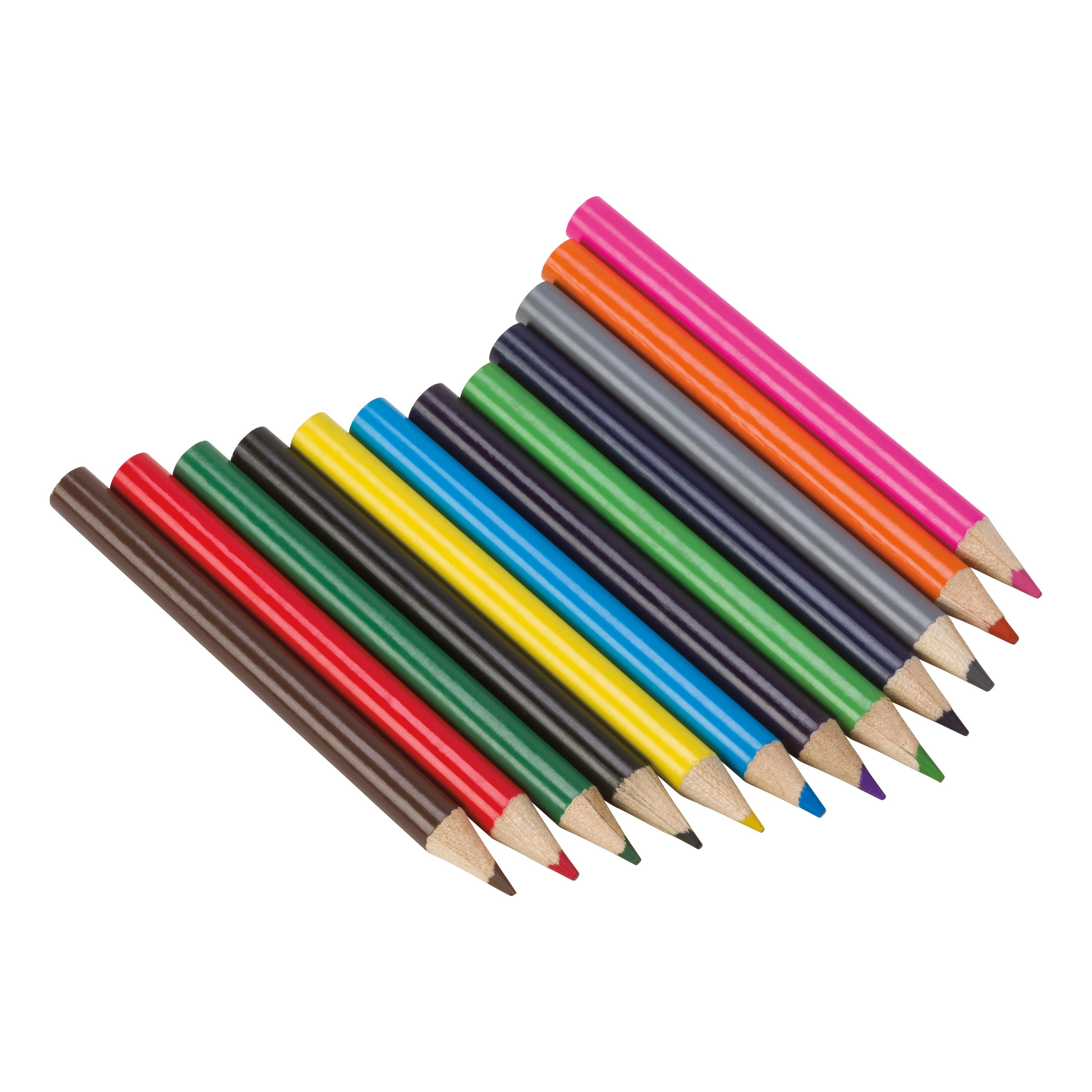 The Toysmith Mini Colored Pencils set includes 12 vibrant shades such as red, green, blue, and yellow. Arranged diagonally on a white background, these Toysmith pencils pair perfectly with a sharpener for creative fun!.