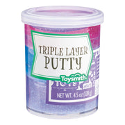 The Toysmith Triple Layer Putty is a clear plastic container with three glittery layers—pink, blue, and purple. This fun stress relief toy by Toysmith contains 4.5 oz (128 g) of putty.