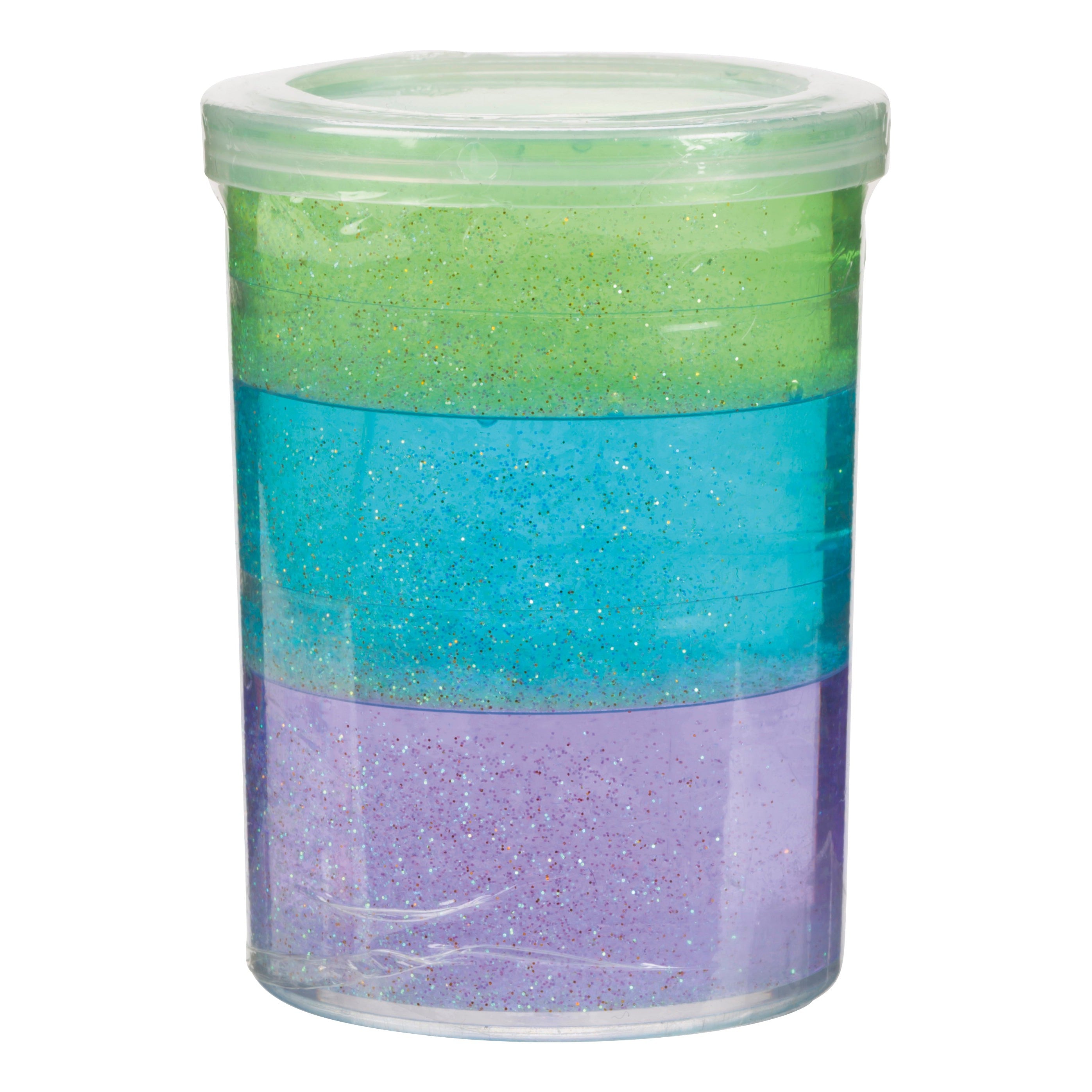 The Toysmith Triple Layer Putty by Toysmith features a clear plastic container with green, blue, and purple glitter slime stacked in three layers, plus a transparent lid for convenient storage and sensory play.