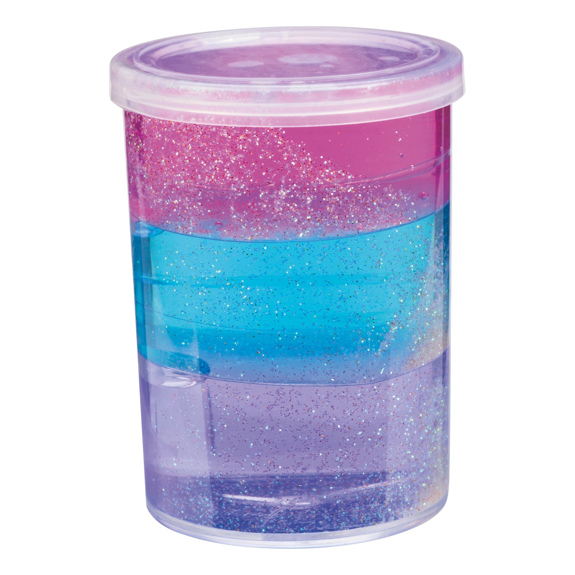 The Toysmith Triple Layer Putty features pink, blue, and purple glitter slime with silver sparkles in a clear plastic container sealed with a transparent lid—a fun Toysmith stress relief toy.