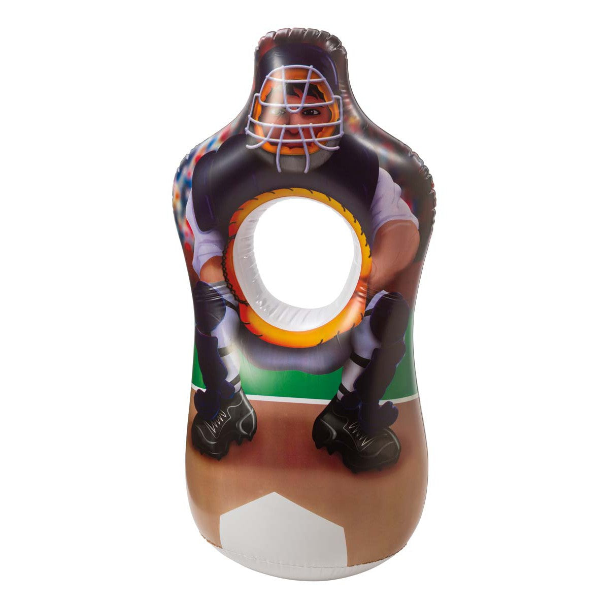 The GO! Play Inflatable Toss by GO! Play is a sports toss game shaped like a baseball catcher kneeling behind home plate, with a large chest hole for pitching practice.