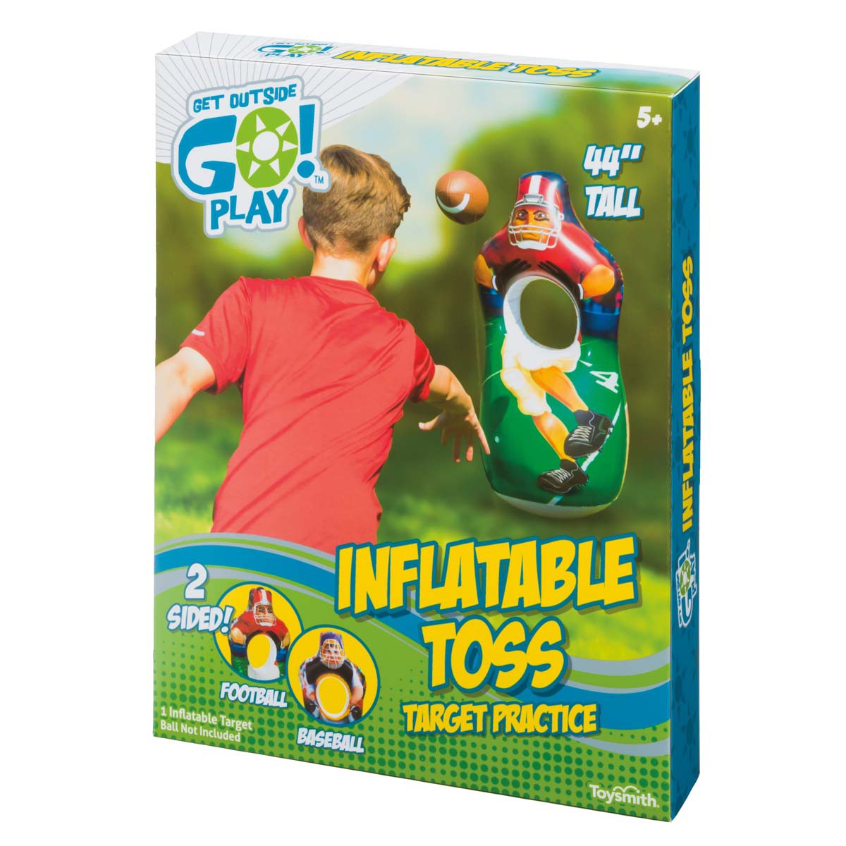 A young boy throws a football at the 44-inch GO! Play Inflatable Toss, a double-sided inflatable target with football and baseball game designs by GO! Play, perfect for sports toss fun.