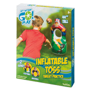 A young boy throws a football at the 44-inch GO! Play Inflatable Toss, a double-sided inflatable target with football and baseball game designs by GO! Play, perfect for sports toss fun.