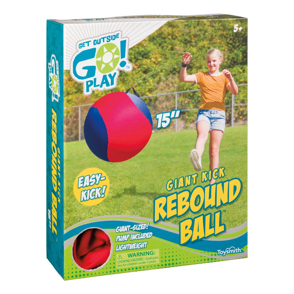 The Go! Play Promo ($1,071.60 Retail Value) box by GO! Play shows a girl kicking a giant red and blue ball outdoors; highlights 15" size, easy-kick design, pump included—an outdoor play bundle for ages 5+.