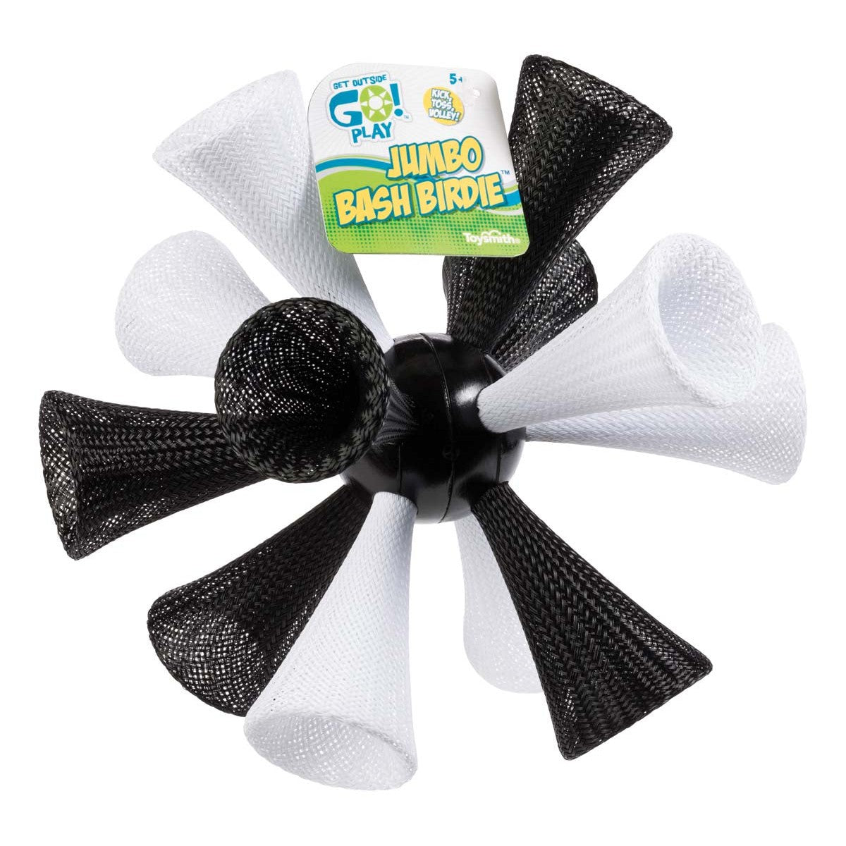 The GO! Play Jumbo Bash Birdie is a black and white plastic toy for backyard fun, featuring alternating mesh cones on a central black sphere with a green and yellow label on top.