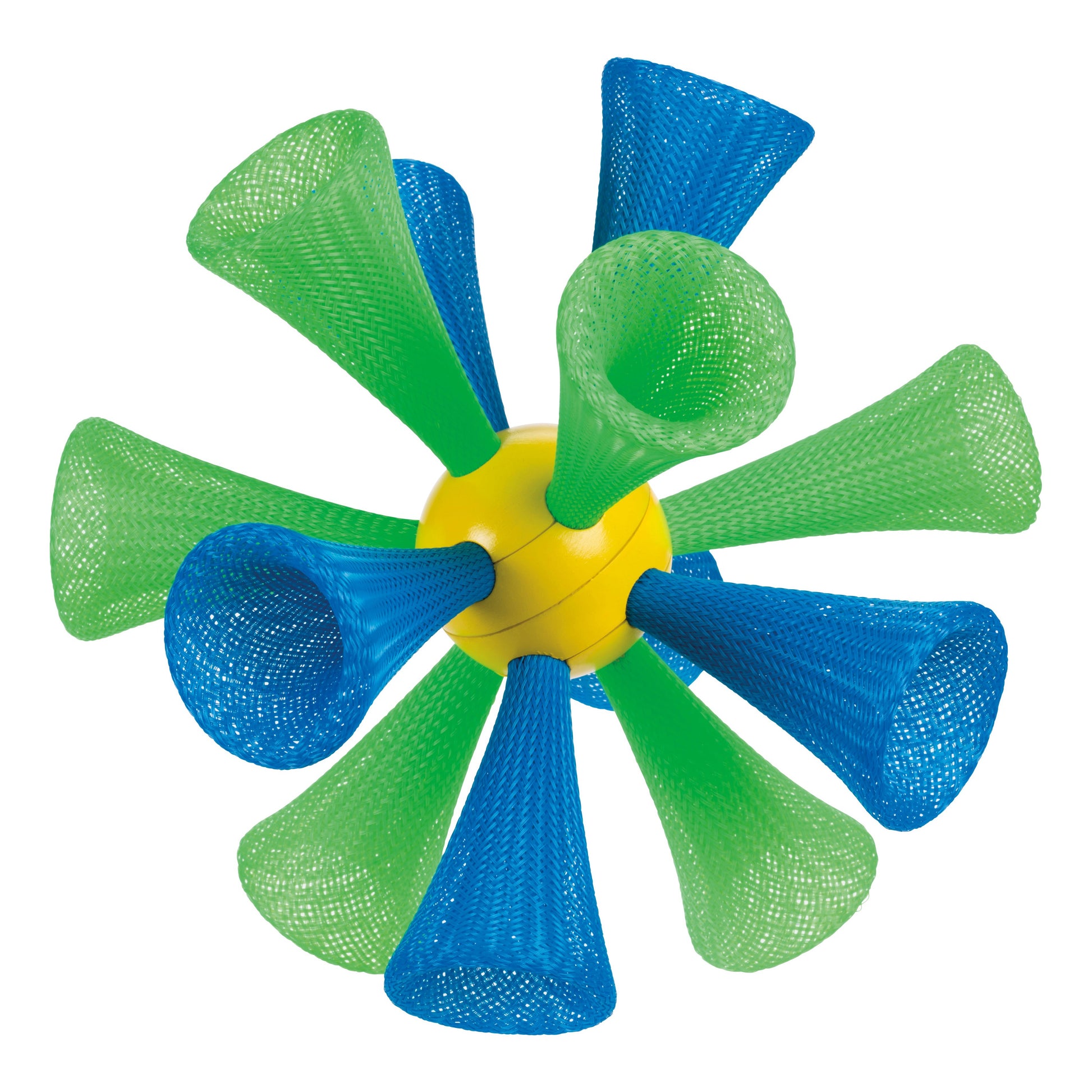 The GO! Play Jumbo Bash Birdie features a yellow ball-shaped center with eight green and blue mesh cones radiating outward—ideal for backyard fun or as a giant birdie in paddle games.