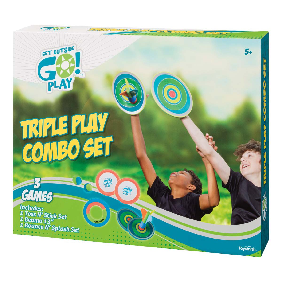 Two kids stay active outdoors with the GO! Play Triple Play Combo Set, tossing discs at targets. The colorful GO! Play box features fun images and game details for ages 5 and up.