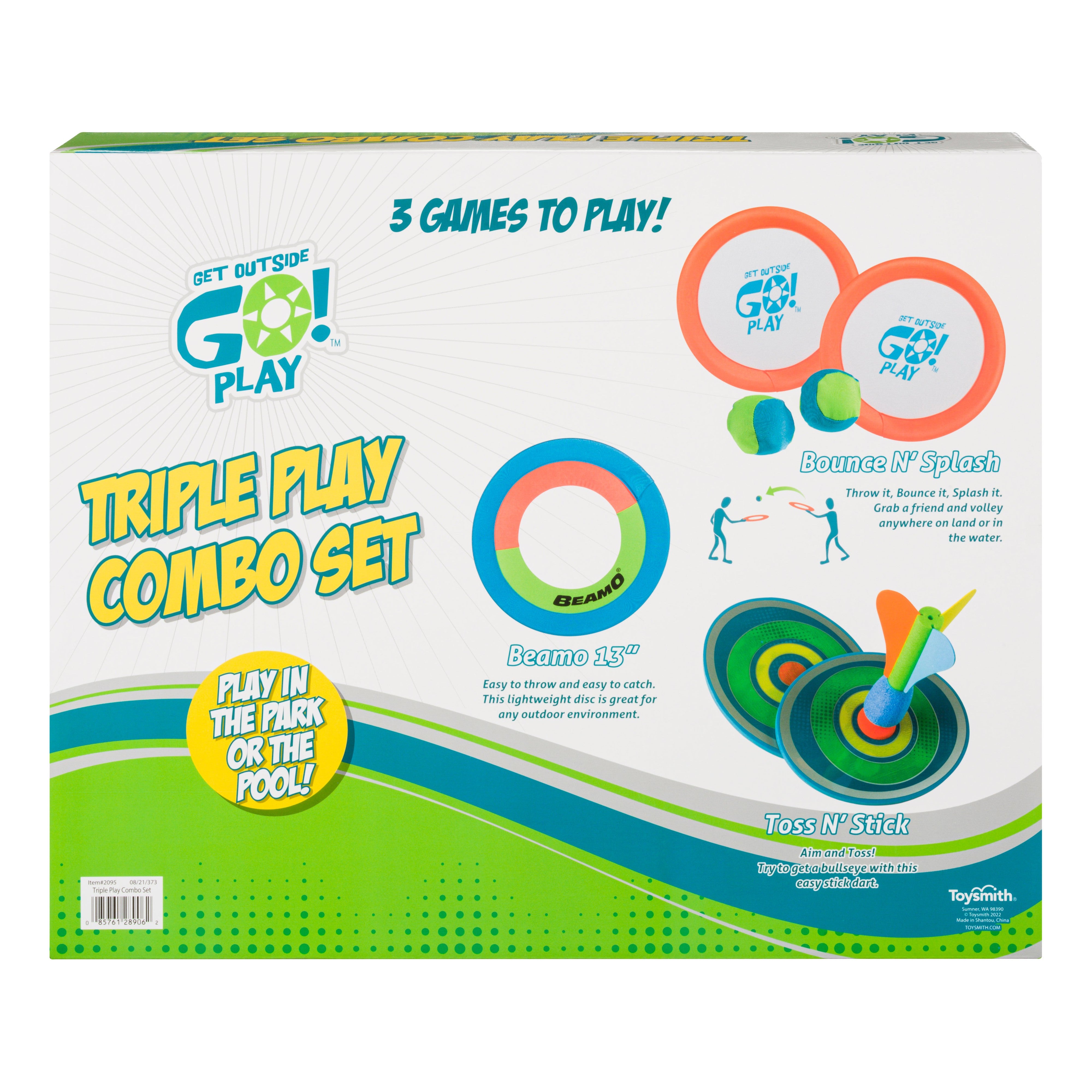 Box for the GO! Play Triple Play Combo Set from GO! Play, featuring images of three backyard games: Bounces N’ Splash, Beamo 13, and Toss N Stick. Text encourages active play in parks or pools for kids ages 6+.