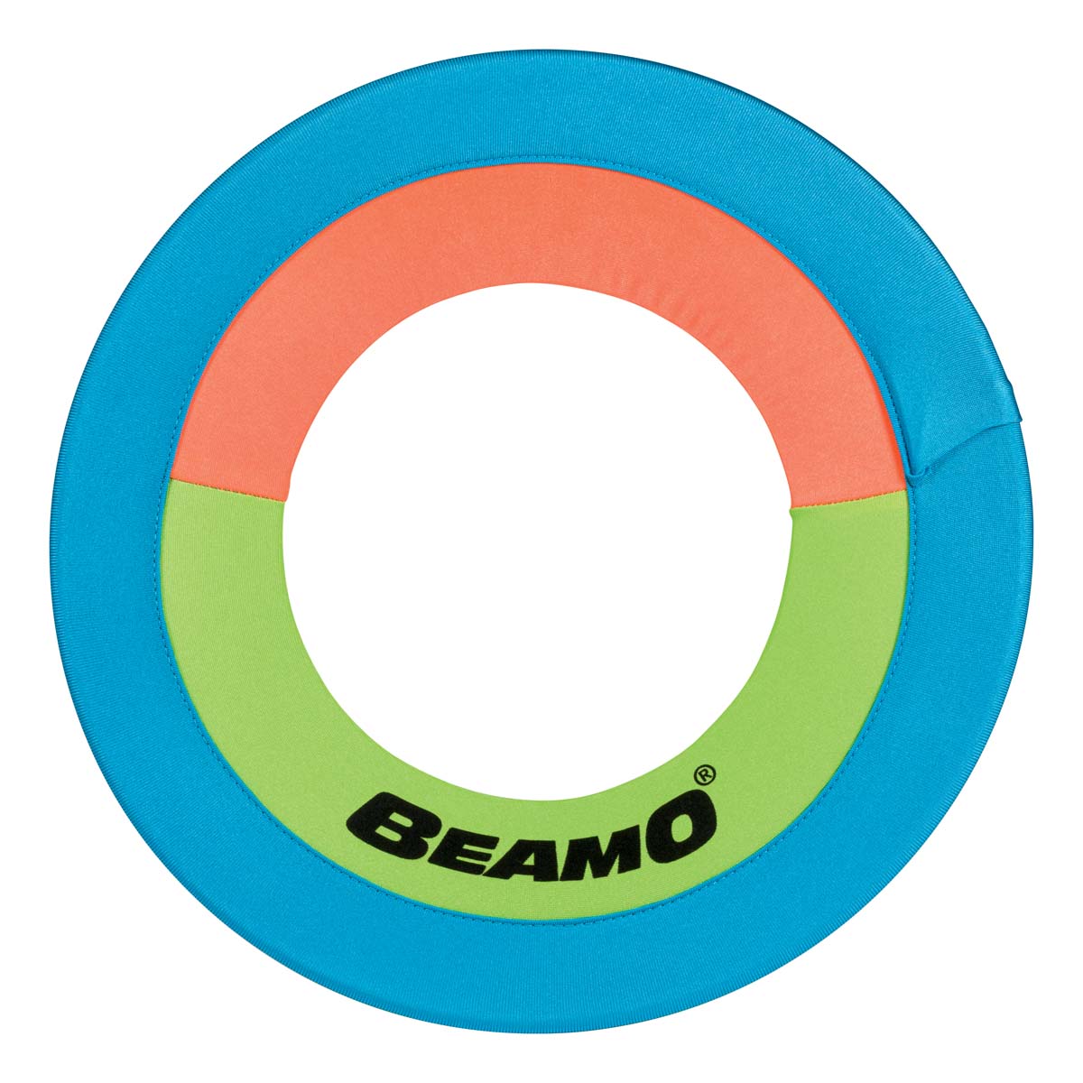 The GO! Play Triple Play Combo Set by GO! Play features a colorful circular flying ring toy with blue edges, a green and orange center, and BEAMO printed in black—perfect for backyard fun and active play in any outdoor game set for kids.
