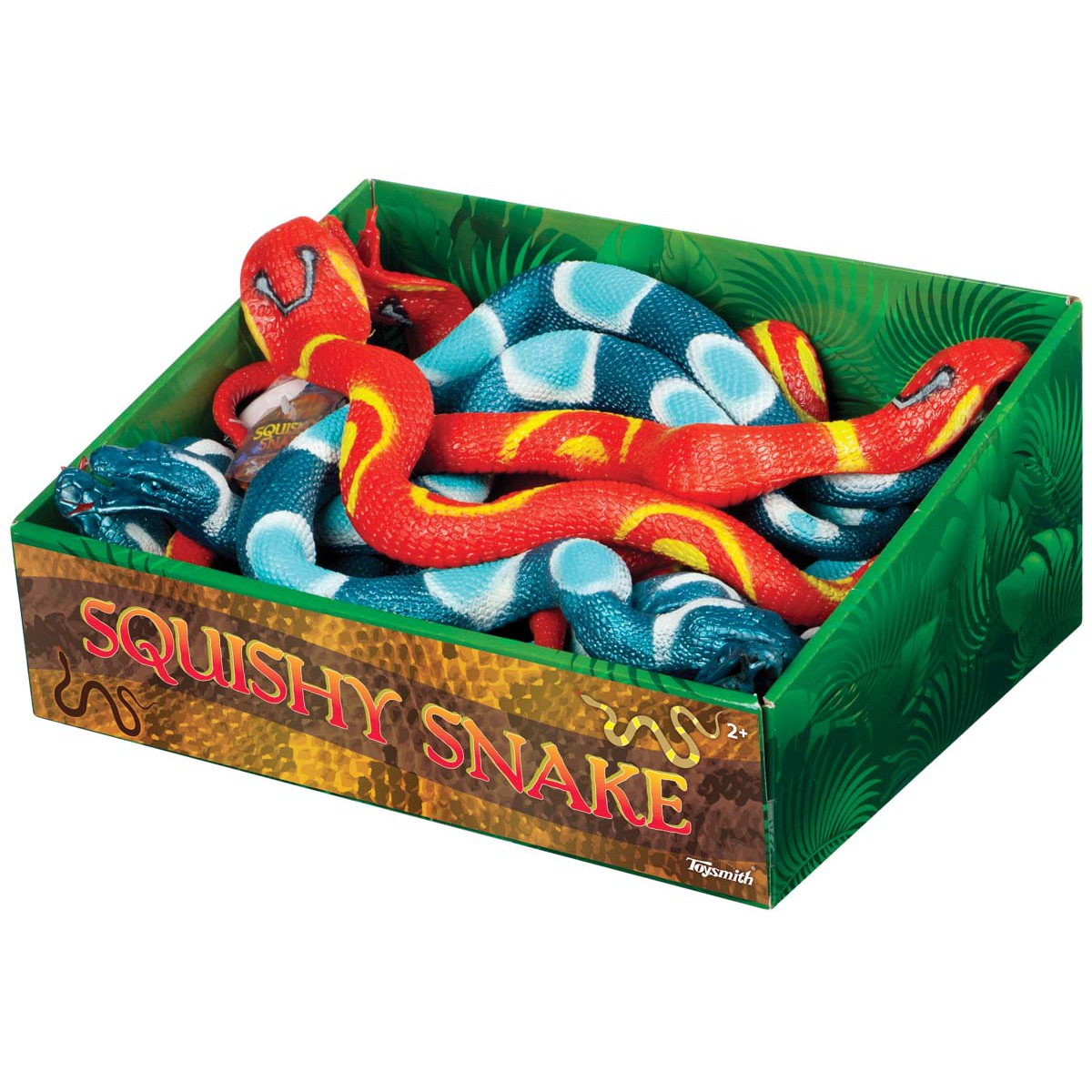 Toysmith Squishy Snakes by Toysmith come in bright red, orange, blue, and yellow patterns. These colorful, stretchable sensory toys are neatly arranged in a vibrant green display box.