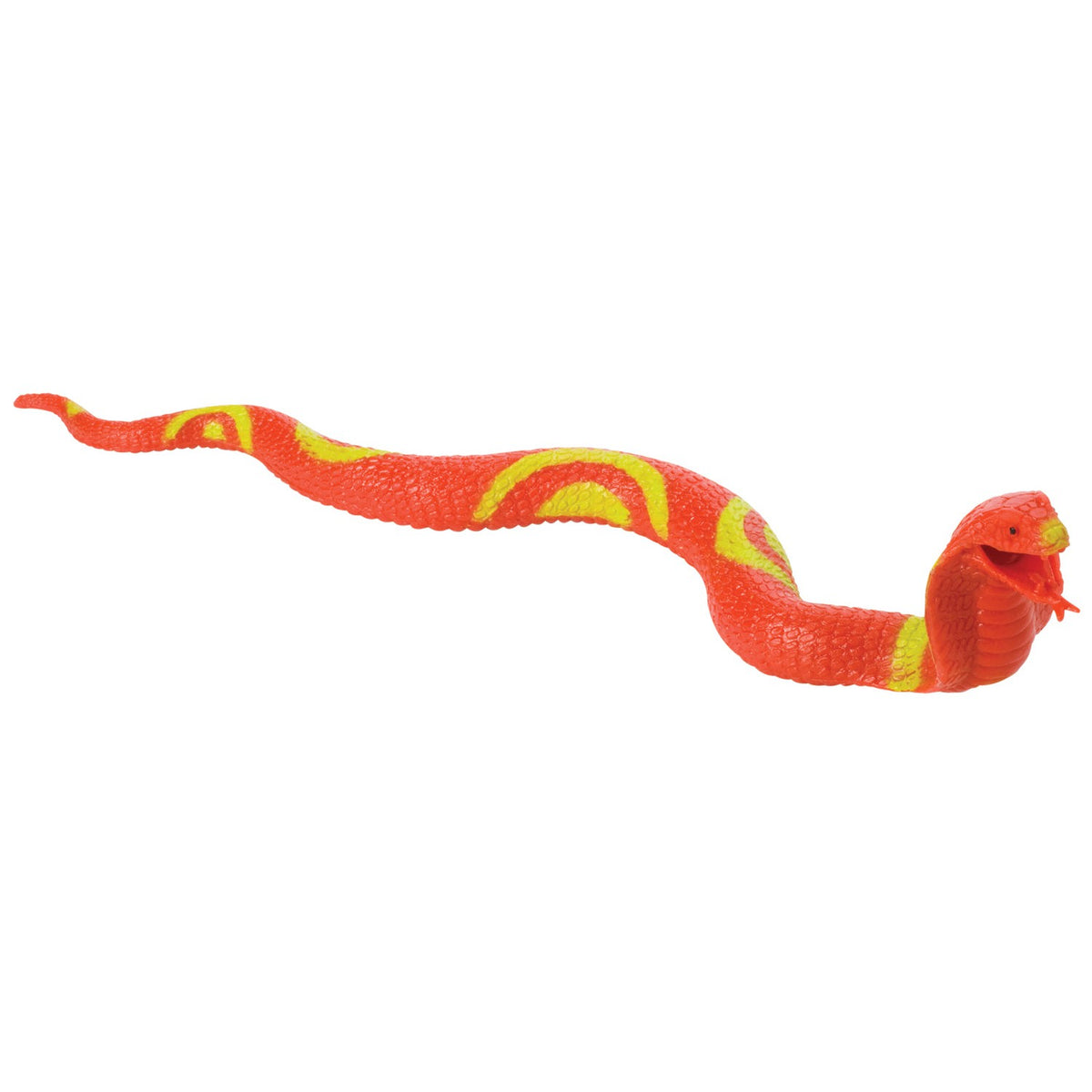 The Toysmith Squishy Snakes by Toysmith is a bright orange, stretchable sensory toy with yellow markings and textured scales, featuring a slightly open mouth—perfect for playful squishing and stretching.