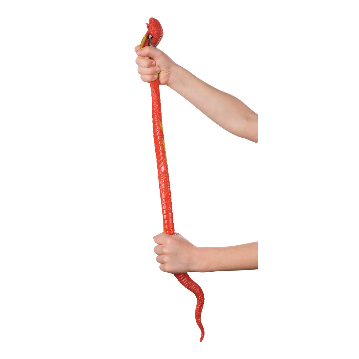 A pair of hands stretches a long, red Toysmith Squishy Snake from Toysmith against a white background.