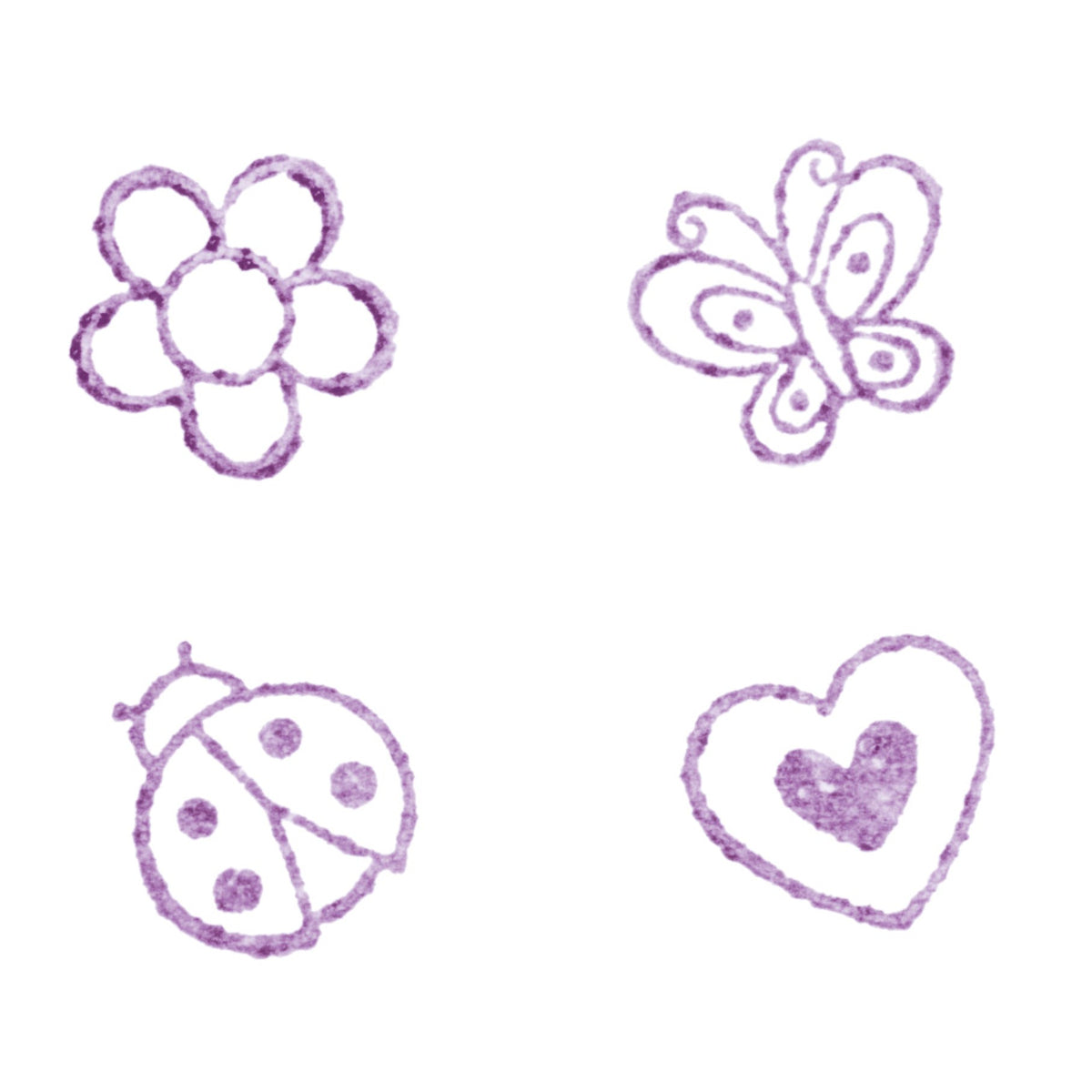 Crayon-style purple doodles of a flower, butterfly, ladybug, and hearts on white—perfect for creative play or pairing with Toysmith Mini Stamp Sets by Toysmith.