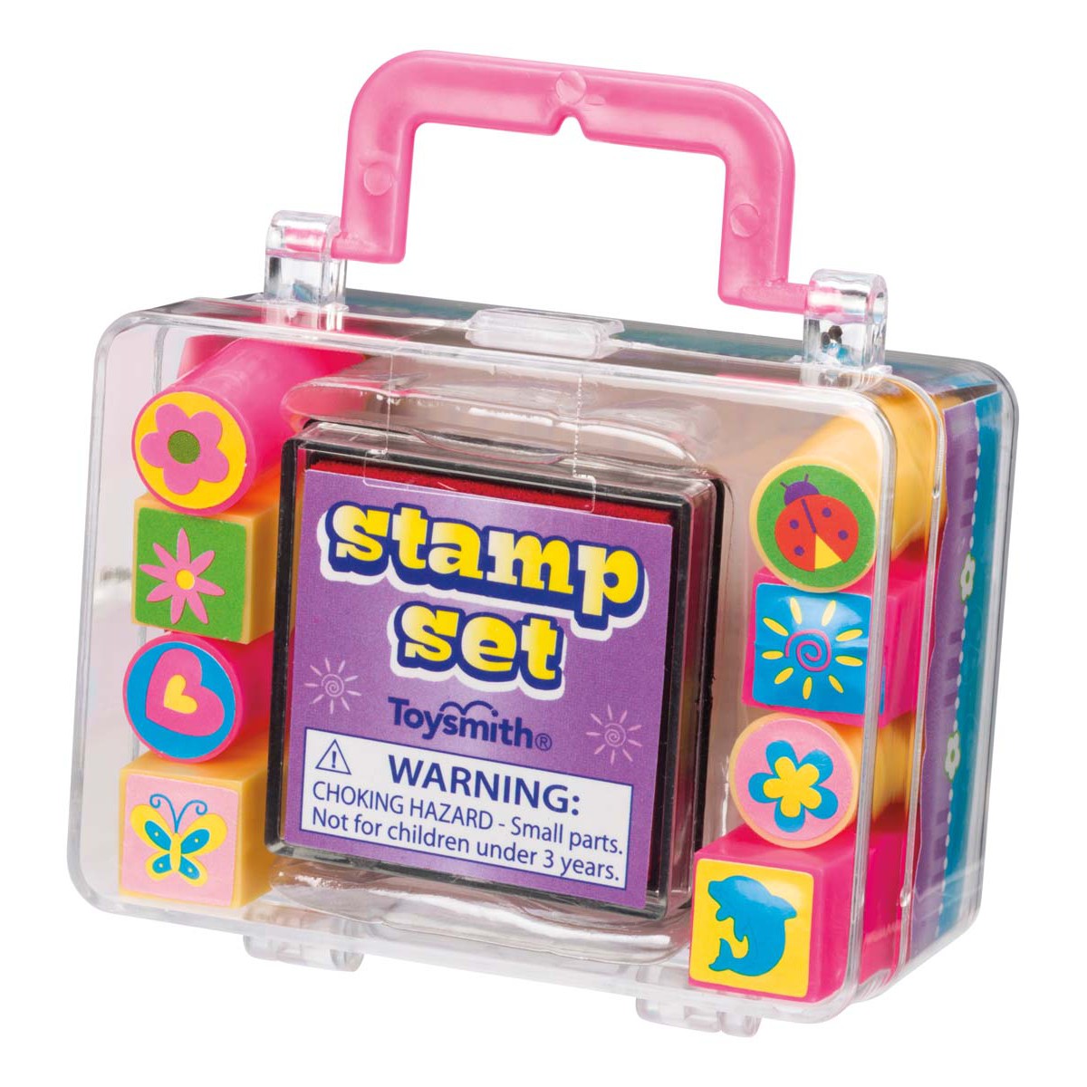 The Toysmith Mini Stamp Set by Toysmith comes in a clear plastic case with a pink handle, includes assorted craft stamps and an ink pad, and has a choking hazard warning for children under 3.