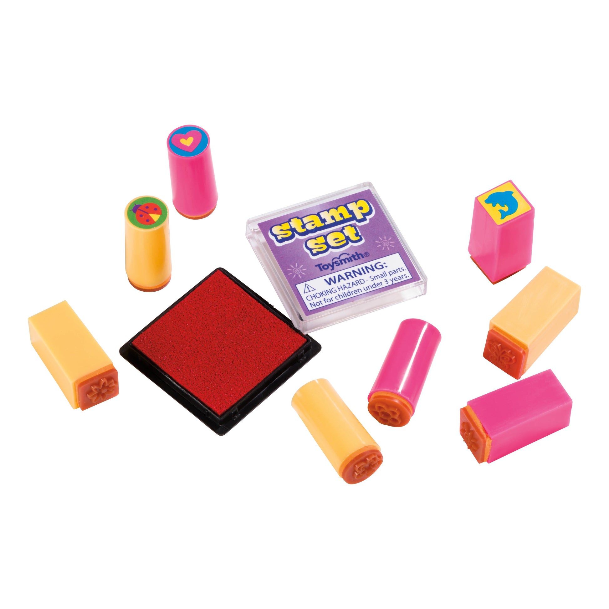 The Toysmith Mini Stamp Set by Toysmith includes a red ink pad and nine assorted craft stamps with vibrant pink, yellow, and orange designs—perfect for creative play.