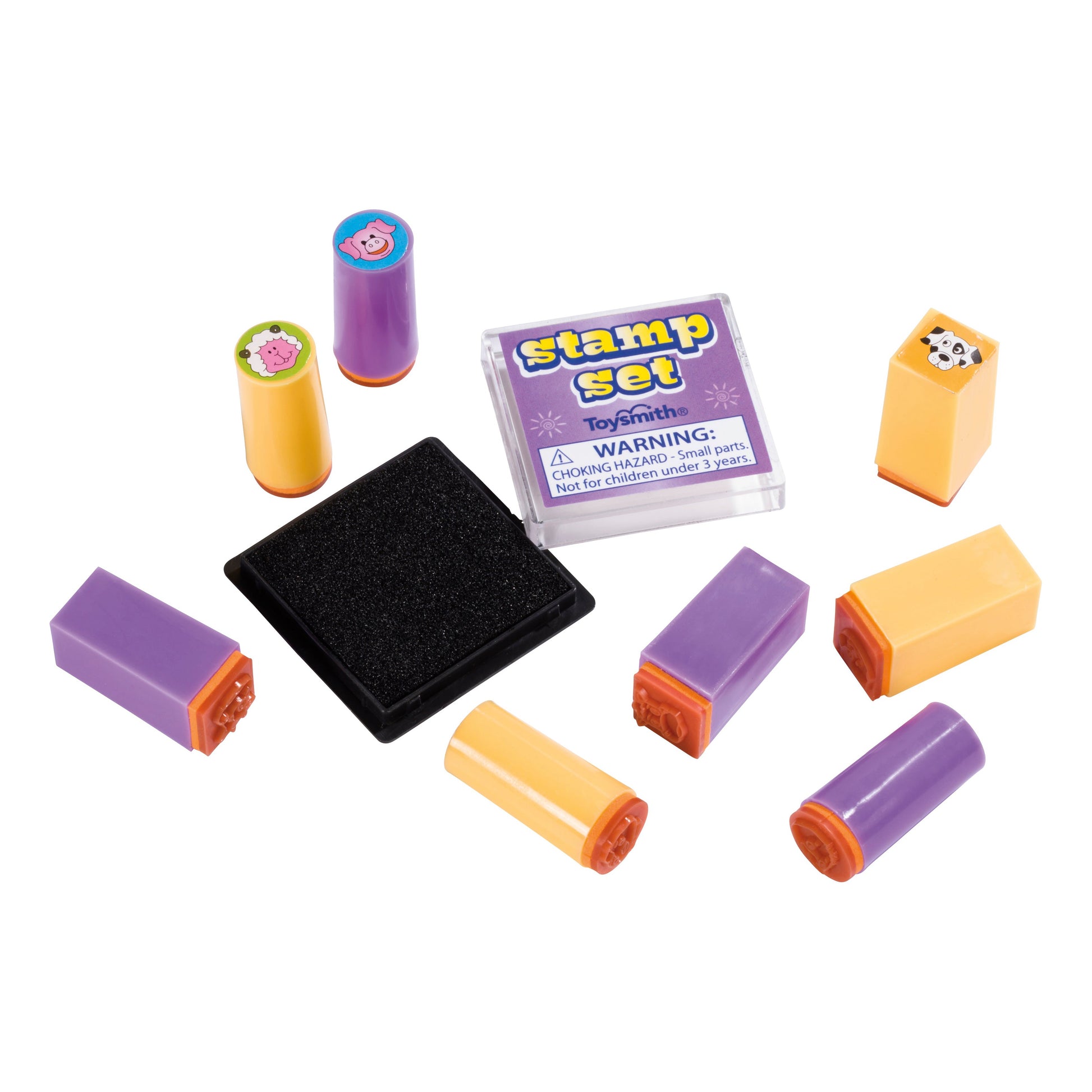 The Toysmith Mini Stamp Sets by Toysmith feature animal face craft stamps, a black ink pad, and a plastic case labeled "stamp set," perfect for creative play.