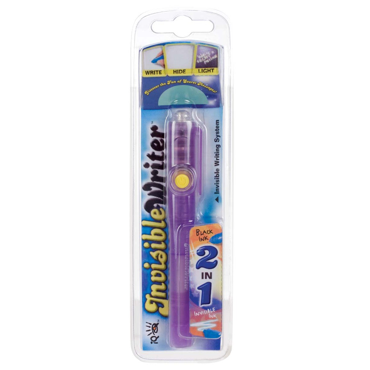 The IQ 2 in 1 Invisible Writer features black and purple invisible ink, a built-in UV light to reveal secret messages, and comes packaged in a clear plastic blister pack.