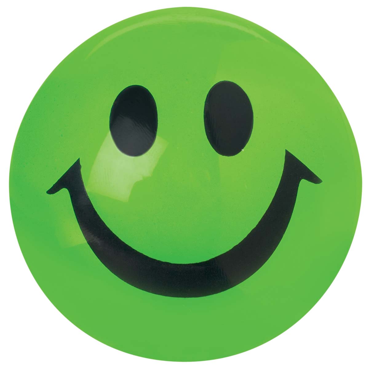 The Toysmith Light Up Happy Ball features a bright green color, classic black smiley face with oval eyes and a wide curved smile—perfect for glowing nighttime play.