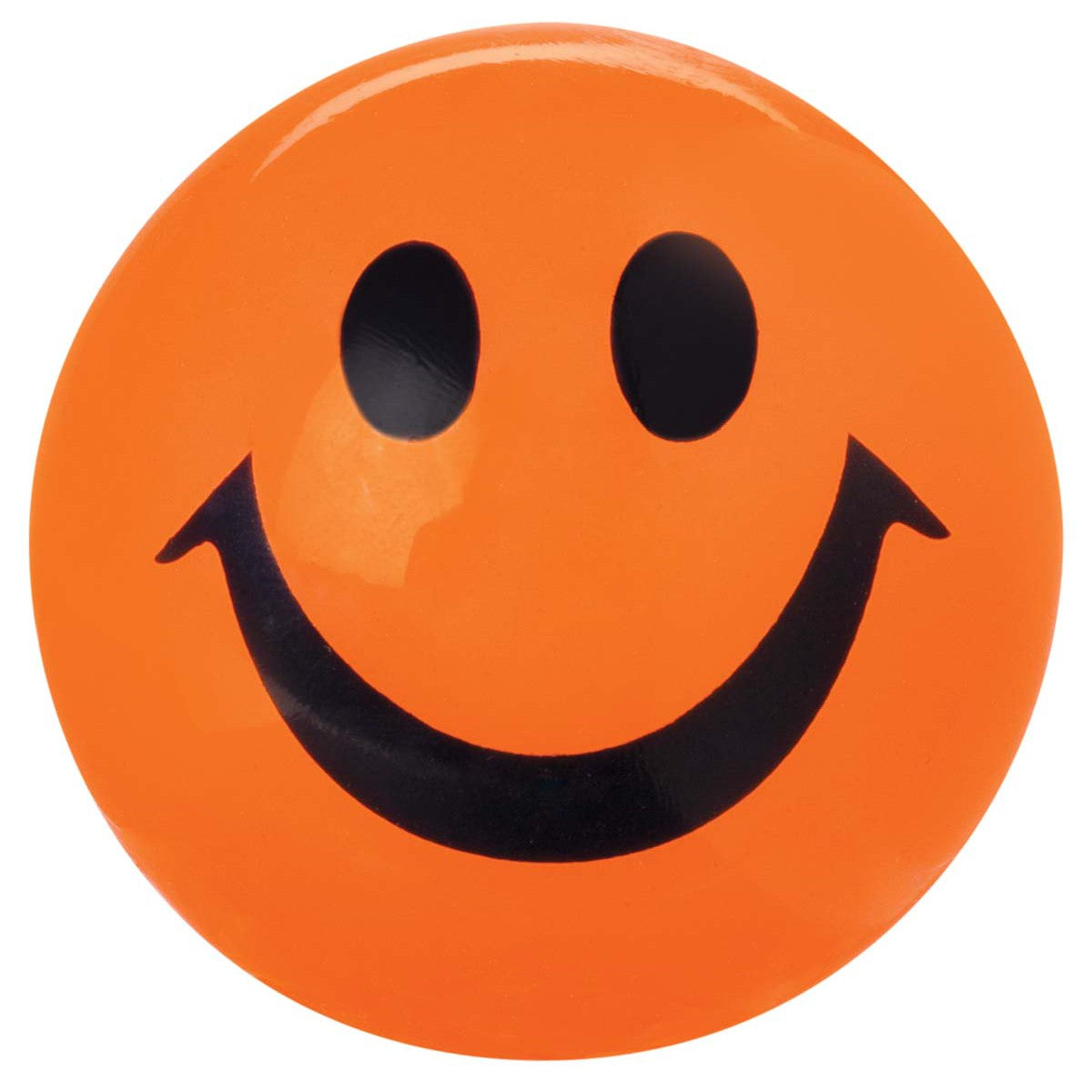 The Toysmith Light Up Happy Ball is an orange ball with a black smiley face, shiny smooth surface, and glows brightly—perfect for nighttime play.