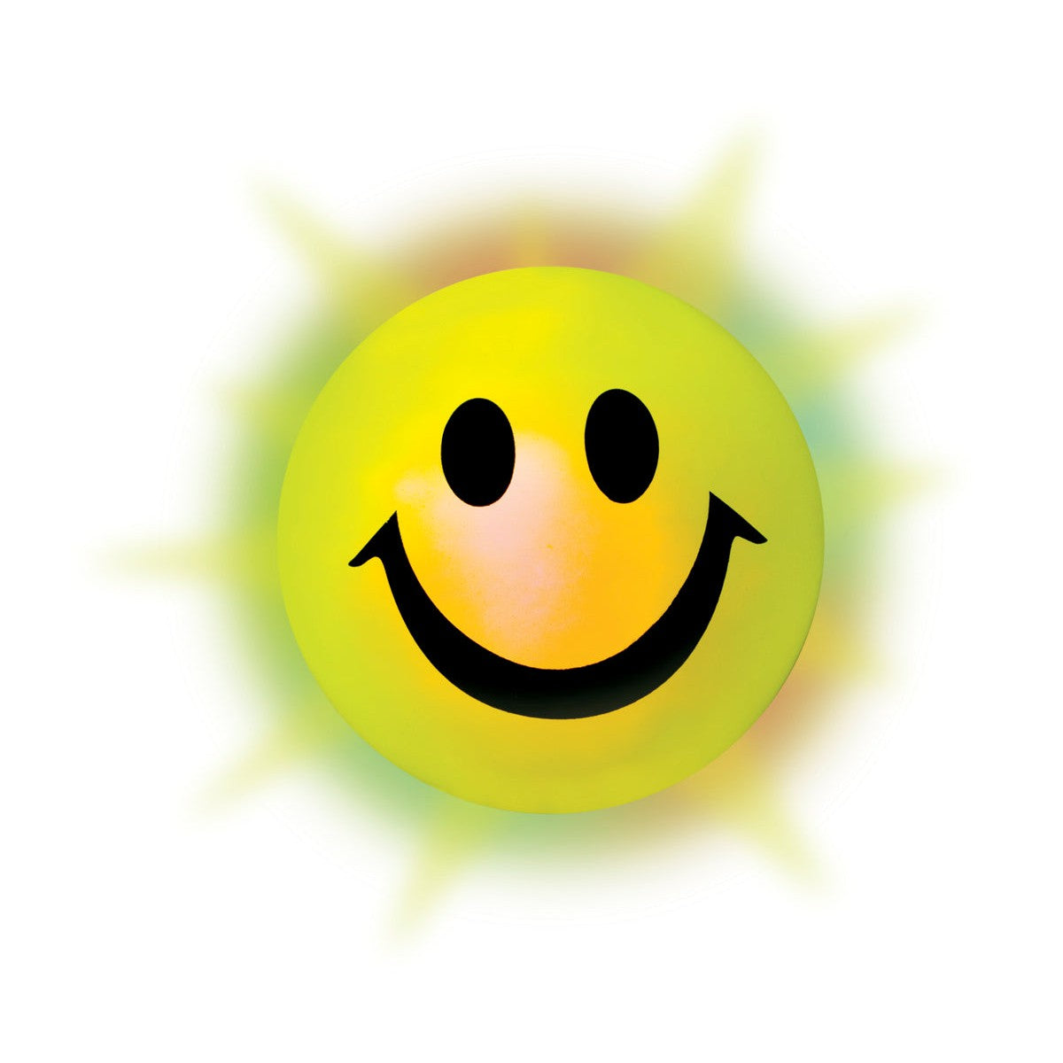 The Toysmith Light Up Happy Ball features a bright yellow smiley face with black eyes and a wide grin, surrounded by a colorful glow—perfect for nighttime play.