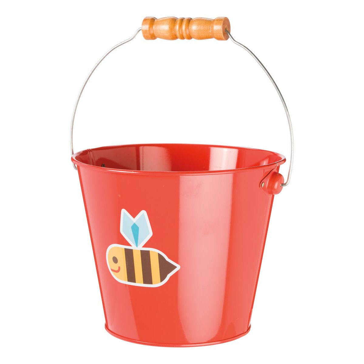 The Beetle & Bee Garden Kids Bucket by Beetle & Bee Garden is a small red metal pail with a wooden handle and bee sticker—perfect for kids' gardening or outdoor play.
