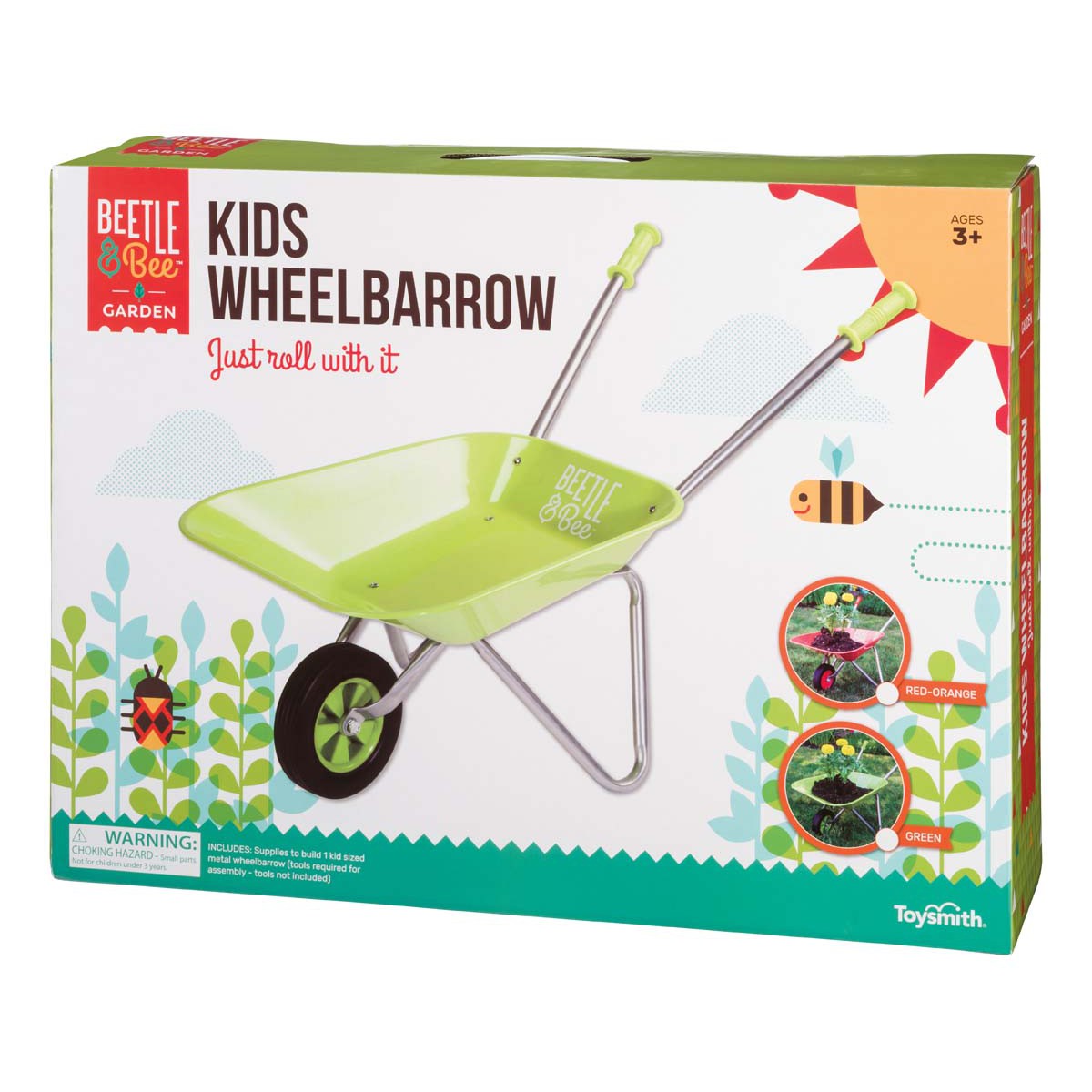 The Beetle & Bee Garden Kids Wheelbarrow box shows a green kids wheelbarrow for ages 3+, decorated with plant illustrations and colorful photos. Slogan: Just roll with it — perfect for outdoor play! Brand: Beetle & Bee Garden.