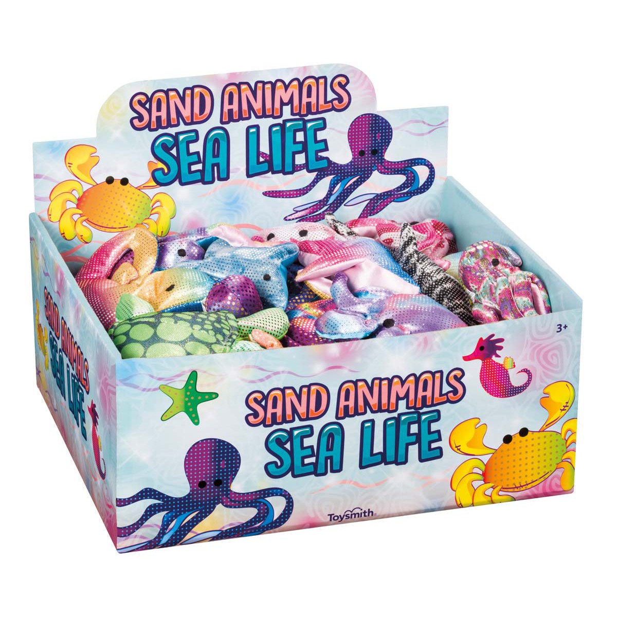 Toysmith Sand Animals Sea Life by Toysmith is a display box of colorful plush sea creatures—octopuses, crabs, starfish, fish, and turtles—with cheerful sea life illustrations for sensory, ocean-inspired play.