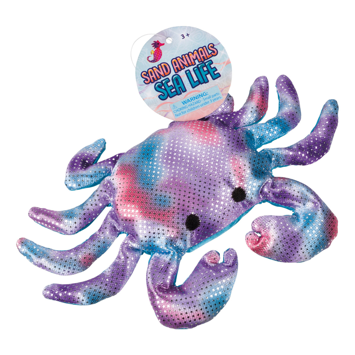 The Toysmith Sand Animals Sea Life plush crab by Toysmith features purple, blue, pink, and white tie-dye colors with black dots. This soft toy has eight legs, two claws, and two black eyes—ideal for ocean-themed play and sensory fun.