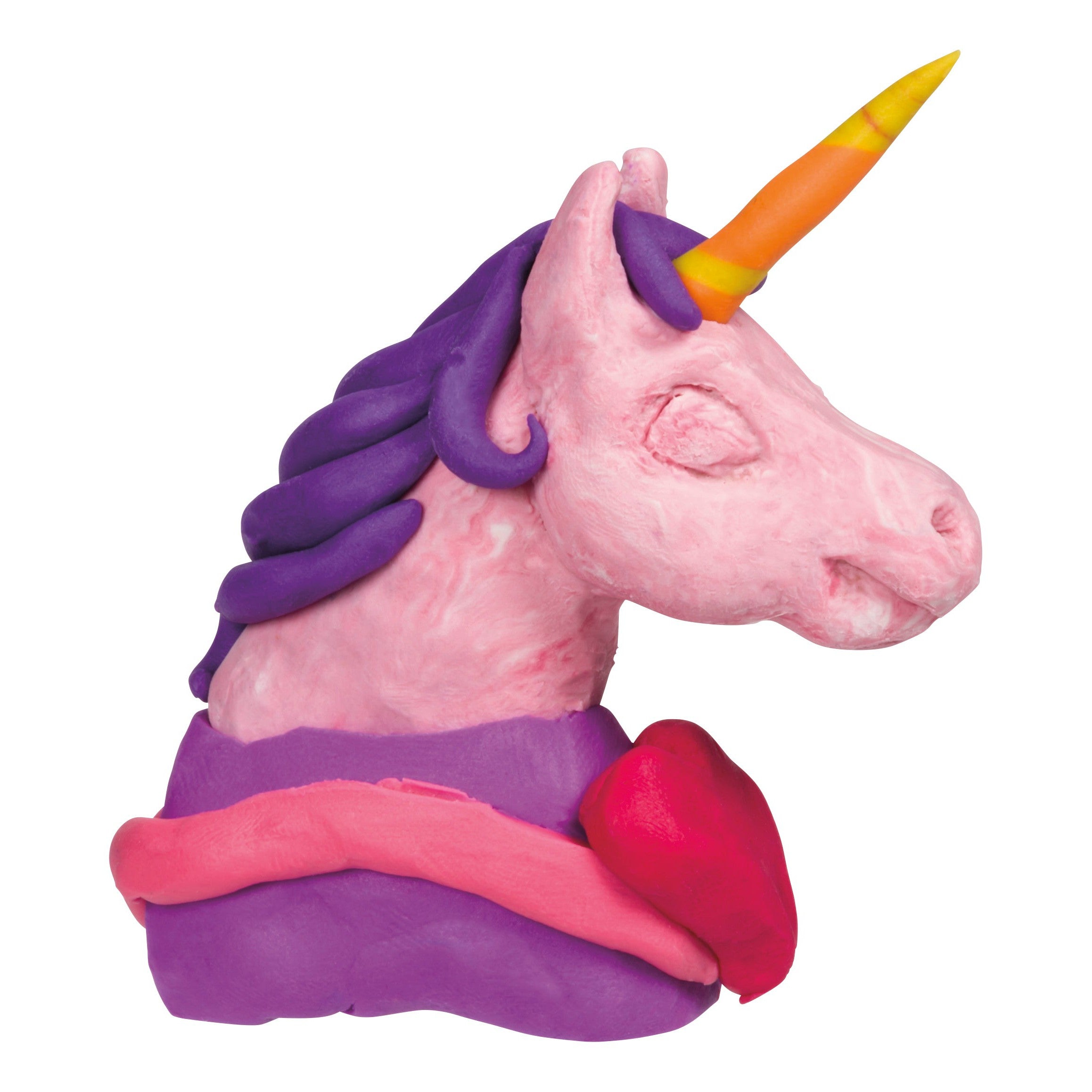 Crafted with Toysmith Mini Modeling Clay by Toysmith, this playful unicorn head features a pink face, purple mane, orange and yellow horn, plus a purple and red neck—perfect for creative fun.