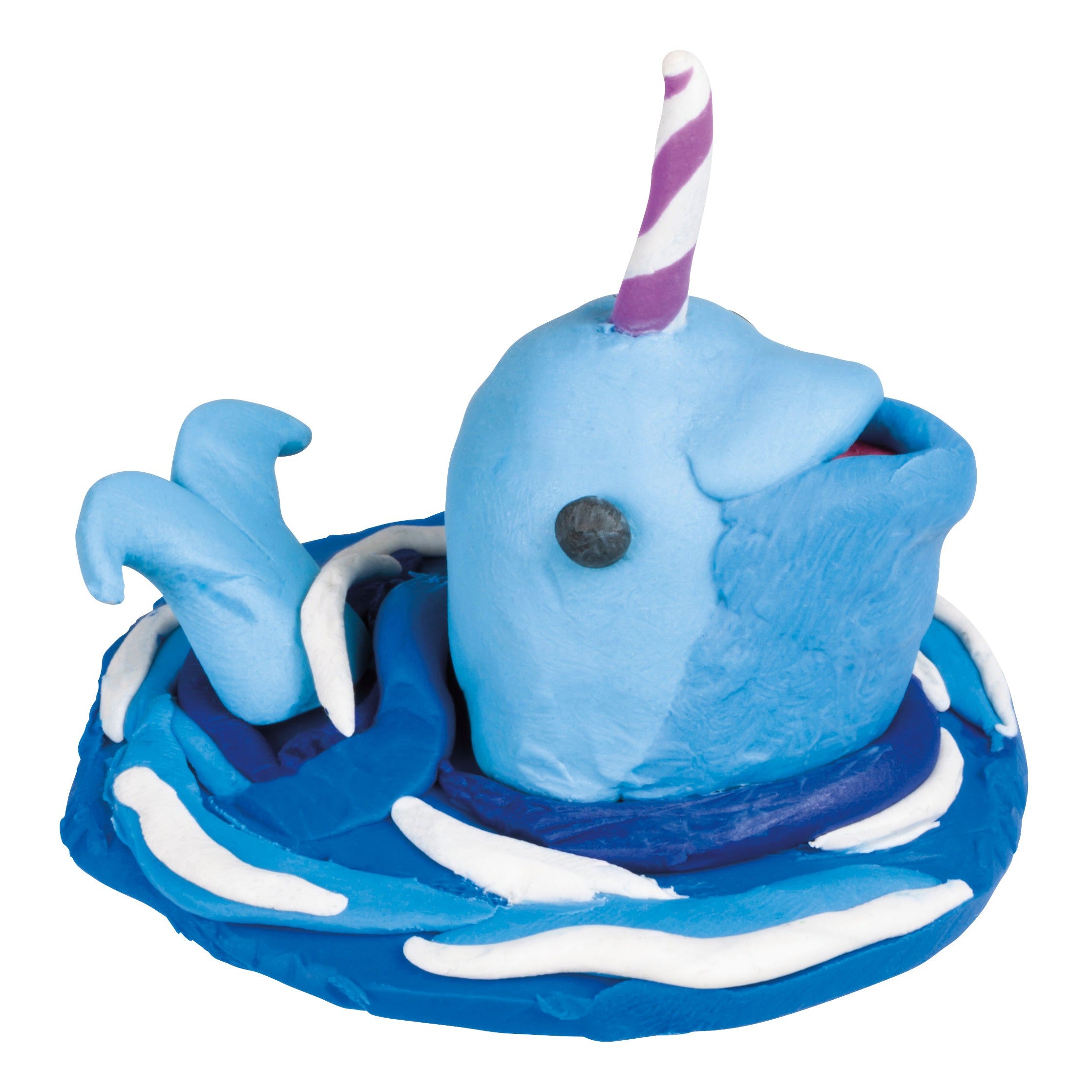 A blue narwhal made from Toysmith Mini Modeling Clay, featuring a white and purple striped horn, sits on swirling blue and white waves—an adorable addition to any collection of kids’ art supplies by Toysmith.