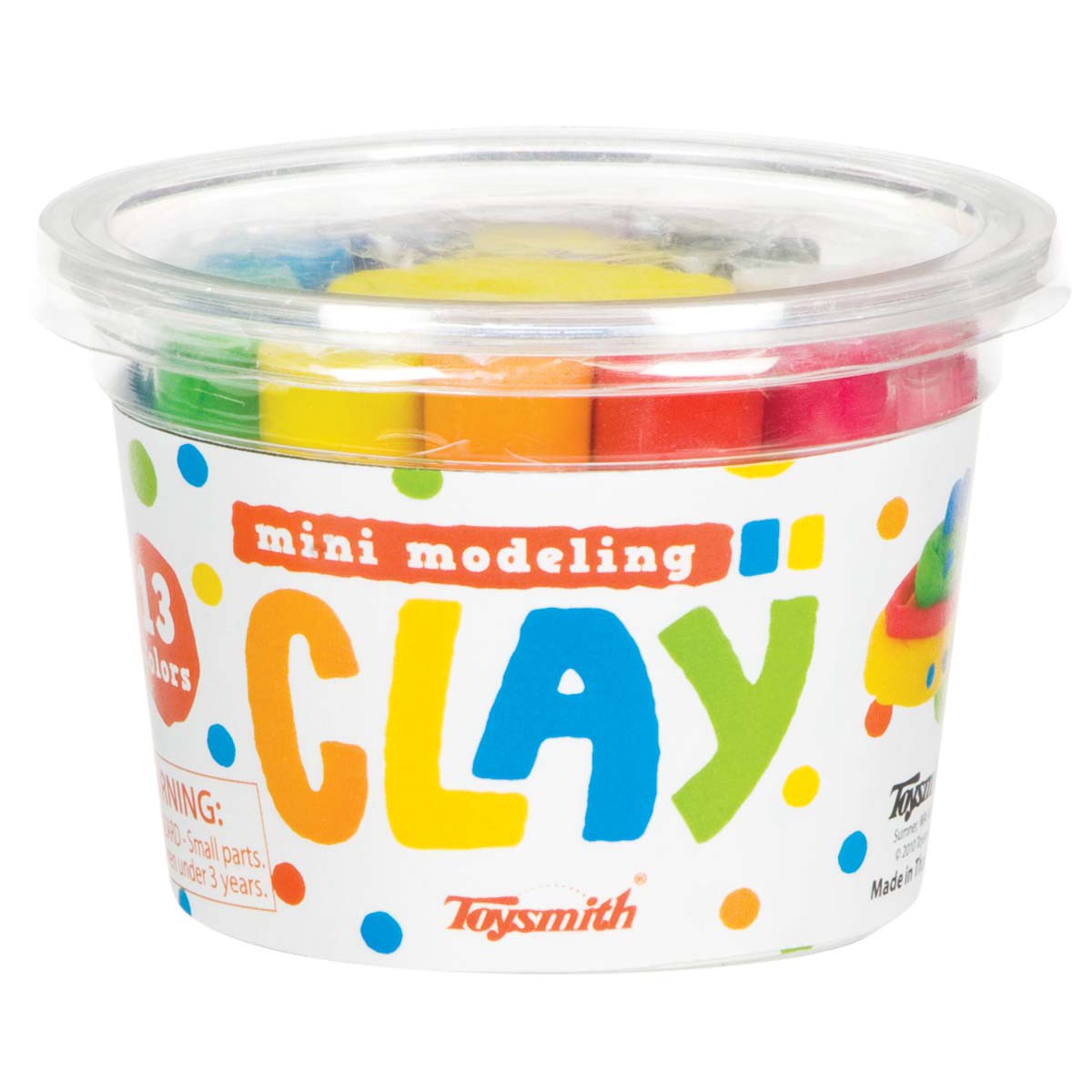 The Toysmith Mini Modeling Clay set features 13 bright clay sticks in a clear plastic container with colorful dots—perfect for kids’ art supplies. This vibrant Toysmith product adds fun to any creative project.