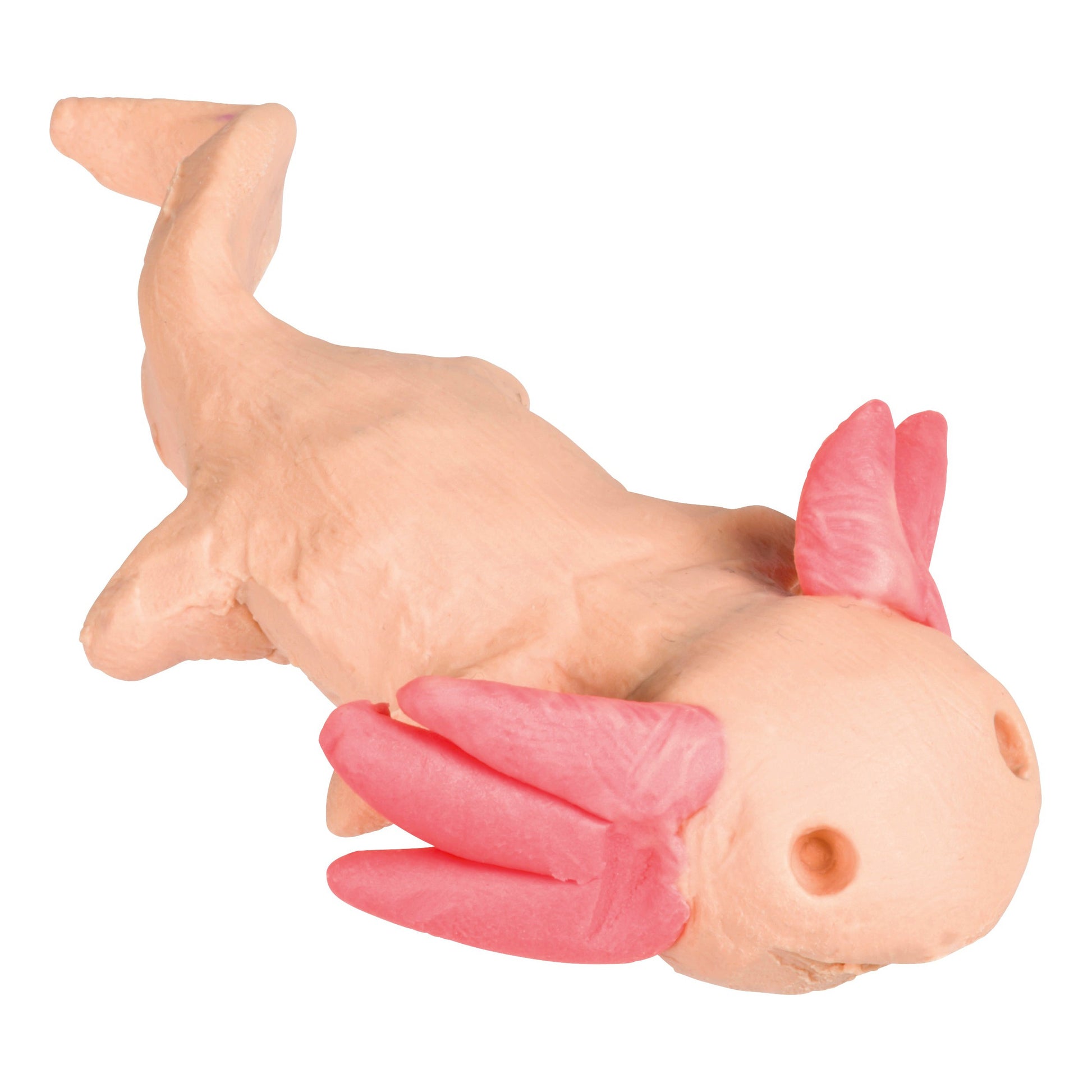 A clay model of an axolotl with a light pink body and bright pink gills, crafted with Toysmith Mini Modeling Clay by Toysmith, displayed on a white background.