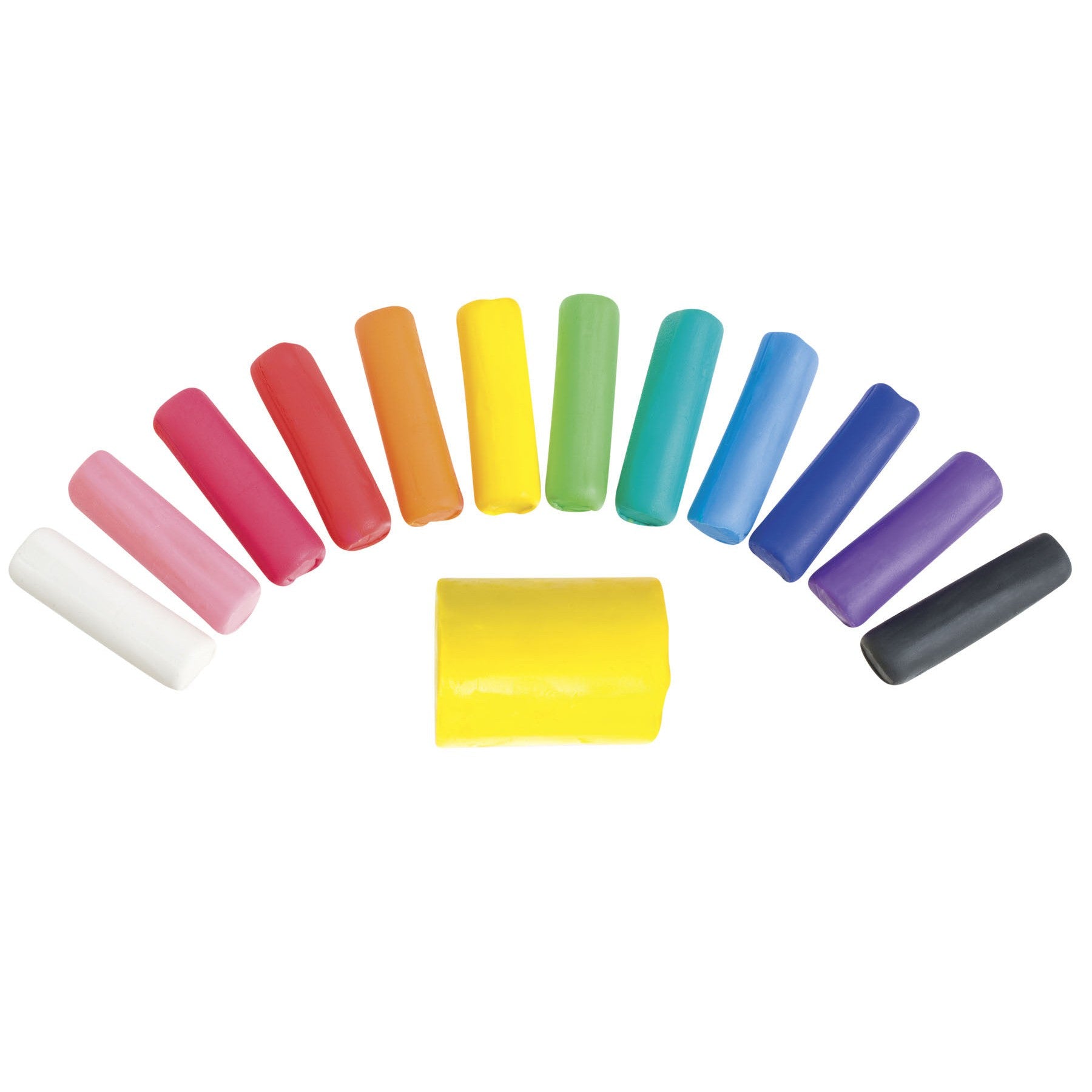 The Toysmith Mini Modeling Clay by Toysmith features twelve vibrant mini clay pieces in a semi-circle with a large yellow center—ideal kids’ art supplies for creative activities.