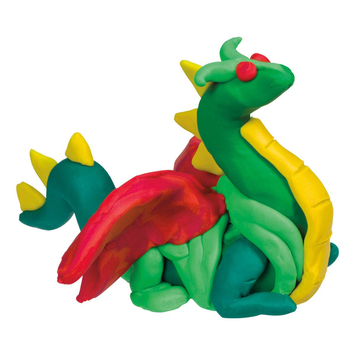 Create a vibrant dragon with Toysmith Mini Modeling Clay by Toysmith—green body, red wings and eyes, yellow horns and tail spikes—an ideal choice for inspiring kids’ creativity and artistic play.