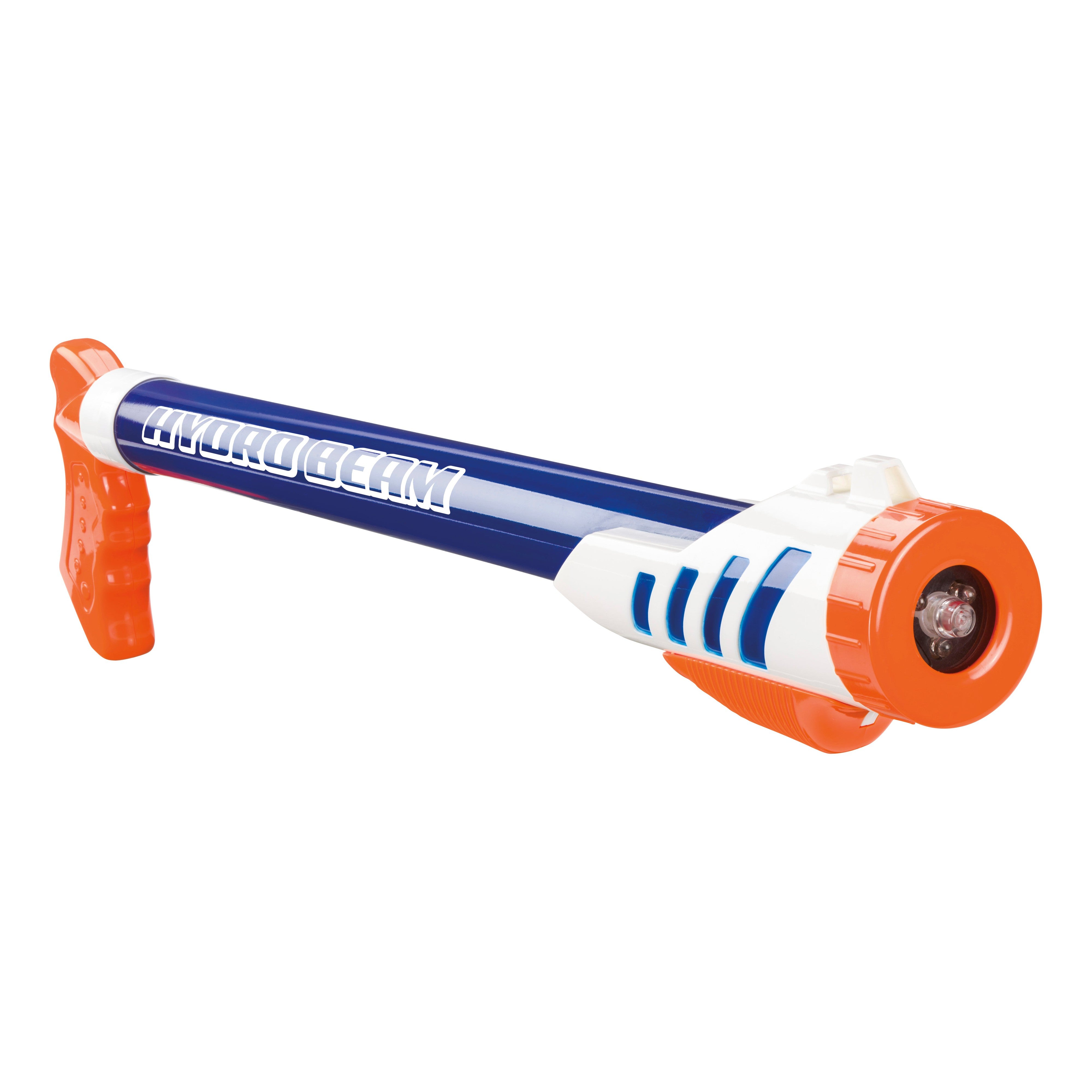 The GO! Play Hydro Beam Water Launcher by GO! Play is a blue, white, and orange pool toy with a handle and light-up circular nozzle, perfect for outdoor play.