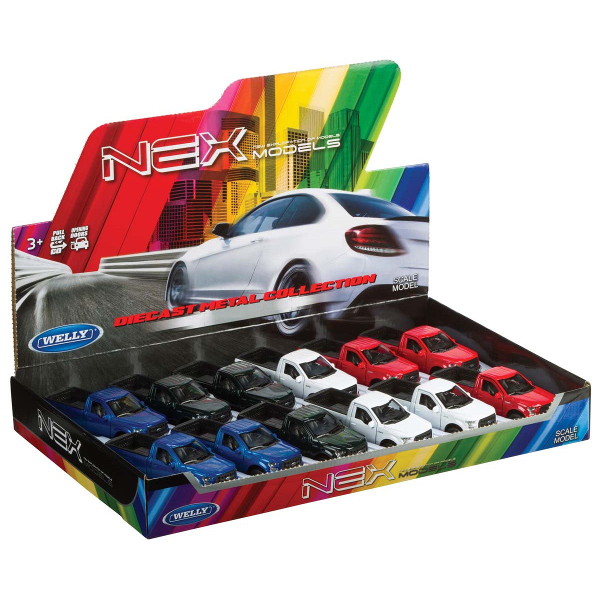 A display box of Toysmith Ford F-150 Trucks by Toysmith, featuring miniature die-cast trucks in blue, black, white, and red with colorful packaging and a car graphic in the background.