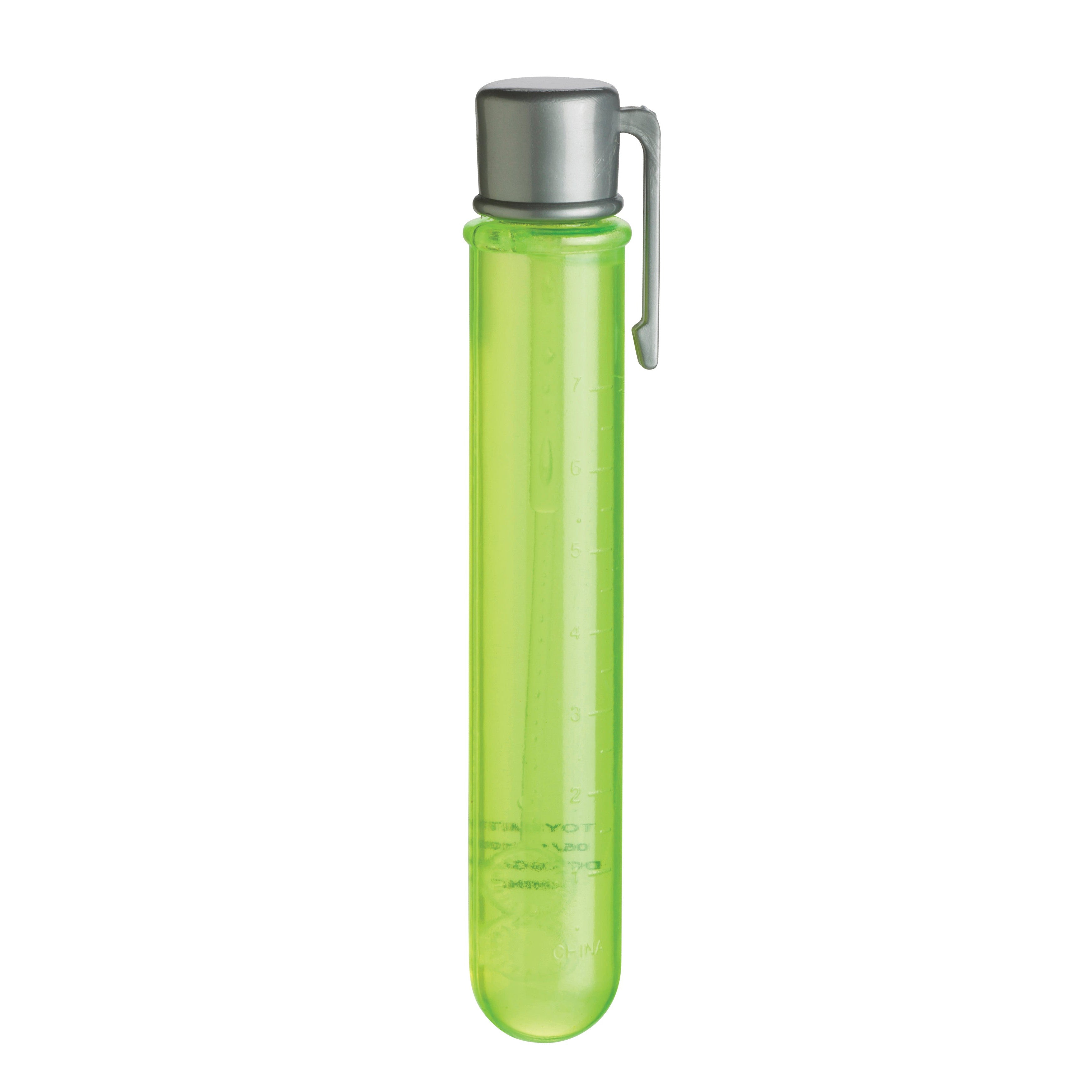 A transparent green test tube with measurement markings, filled with liquid, is sealed with a gray cap that has a metal clip attached.