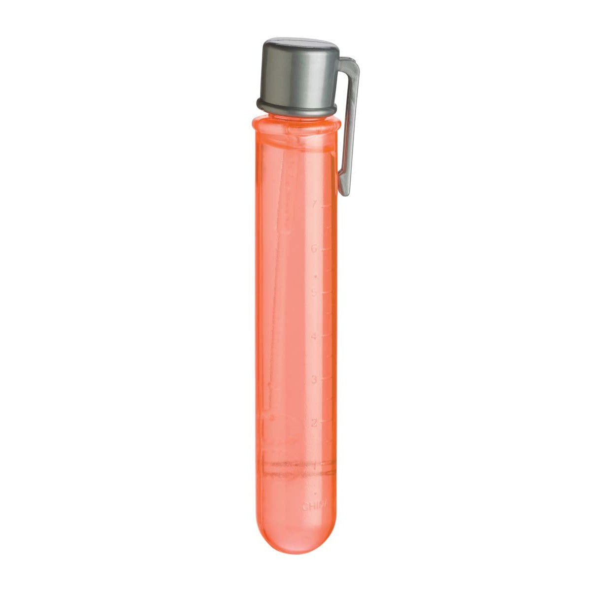 A transparent plastic test tube filled with orange liquid, sealed with a metal cap and attached metal clip, standing upright on a white background.