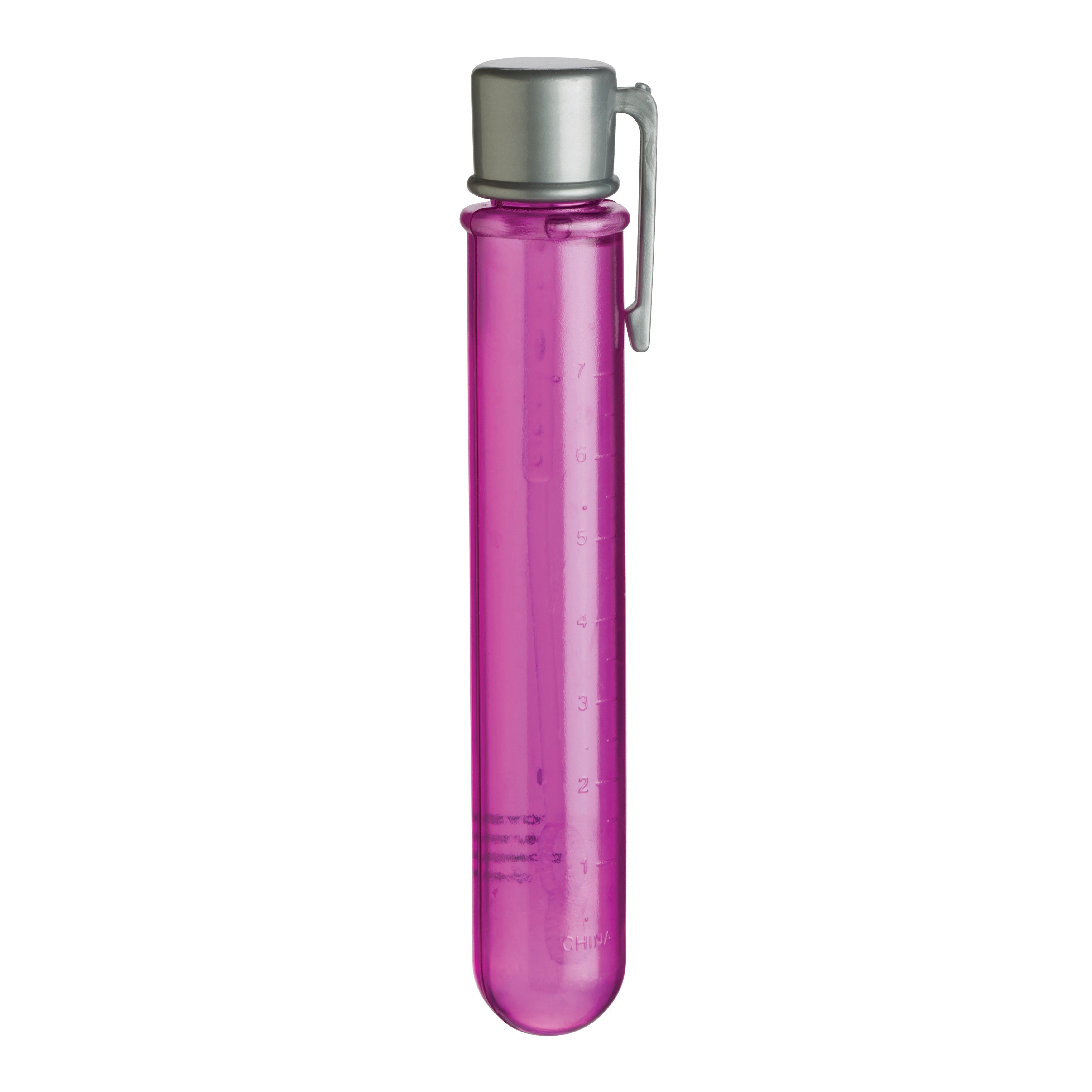 A transparent pink test tube with a metal clip and cap is shown standing upright against a white background. Measurement markings are visible on the side of the tube.