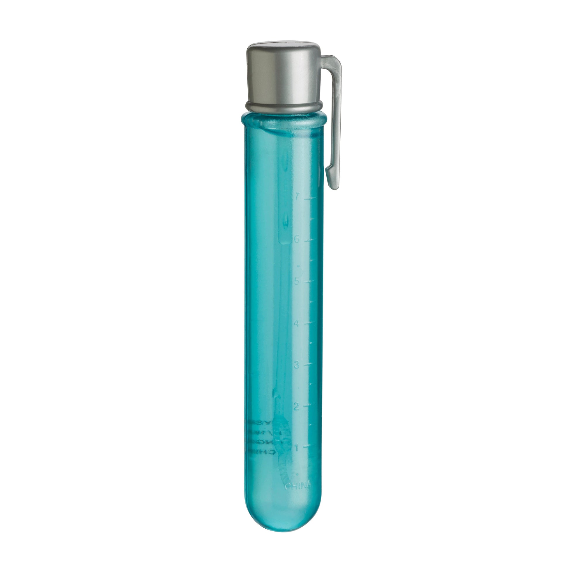 A transparent blue test tube with measurement markings, filled with liquid and closed with a silver metal cap that has an attached clip, shown against a white background.