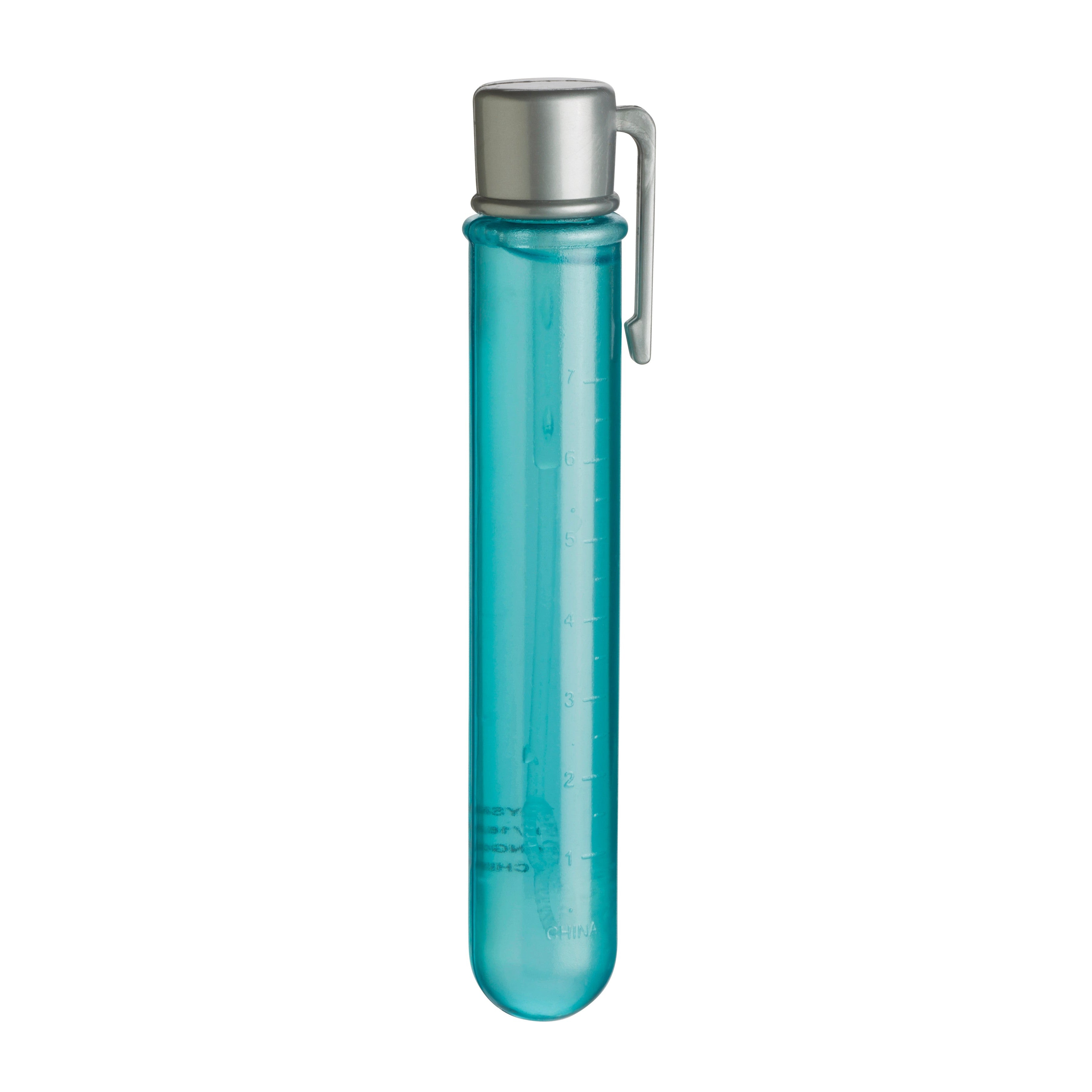 A transparent blue test tube with measurement markings, filled with liquid and closed with a silver metal cap that has an attached clip, shown against a white background.