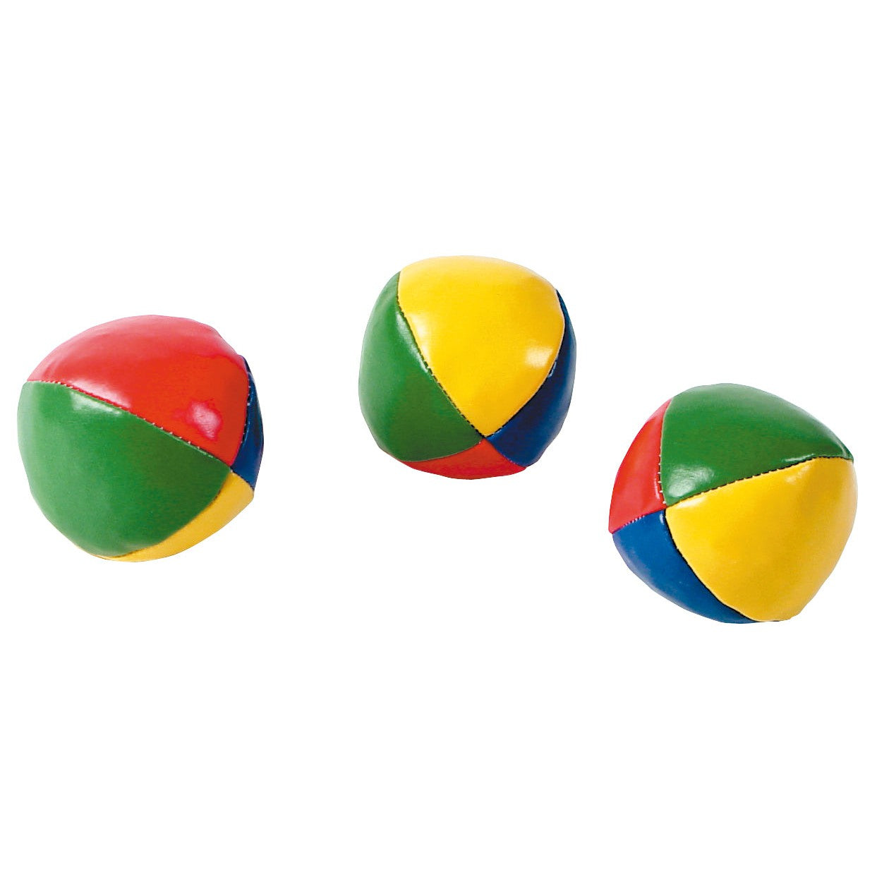 Three colorful juggling balls, each divided into four panels of red, yellow, green, and blue, arranged against a white background.
