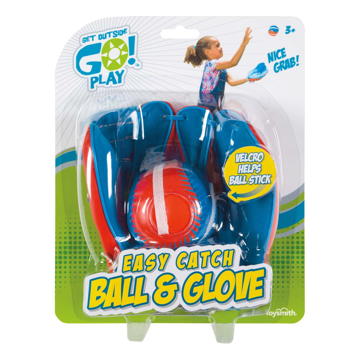 The GO! Play Easy Catch Ball & Glove set by GO! Play is designed for ages 3+, featuring a red and blue glove and Velcro ball for easy catching—ideal for outdoor fun. Packaging shows a child playing in the top right corner.